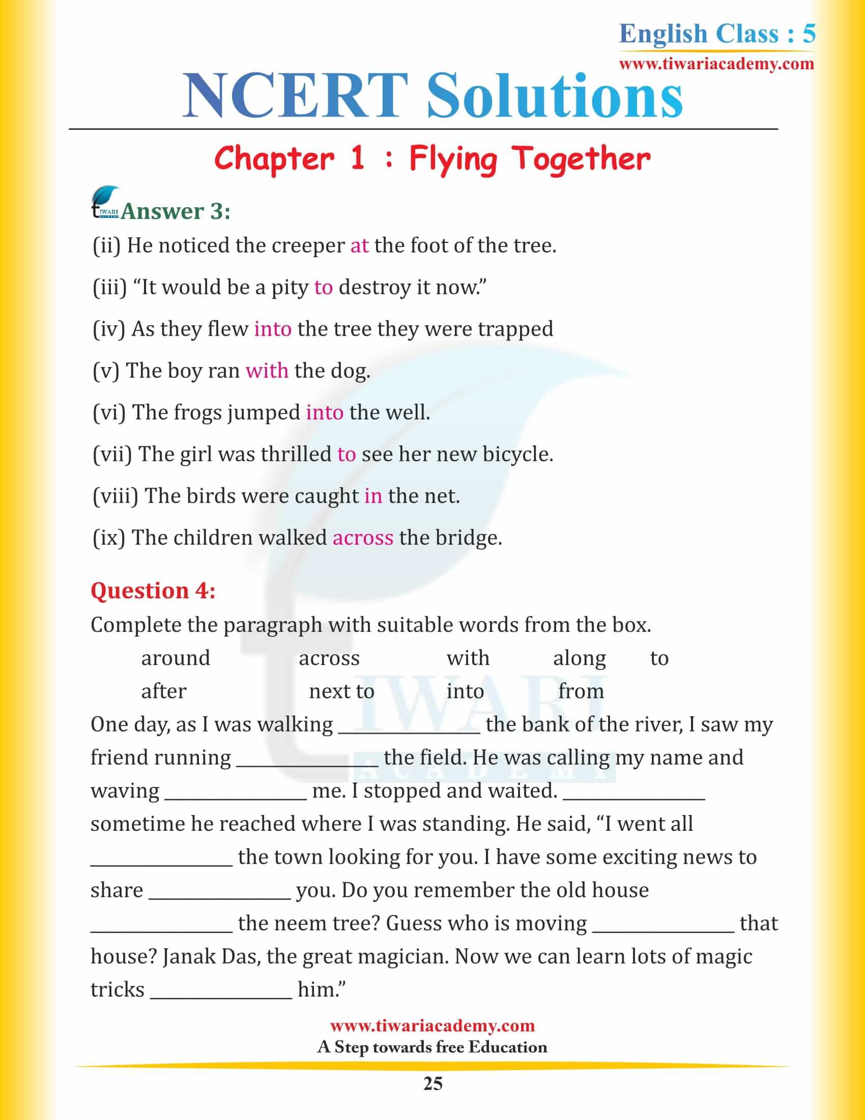 NCERT Solutions Class 5 English Chapter 1 Flying Together in Hindi