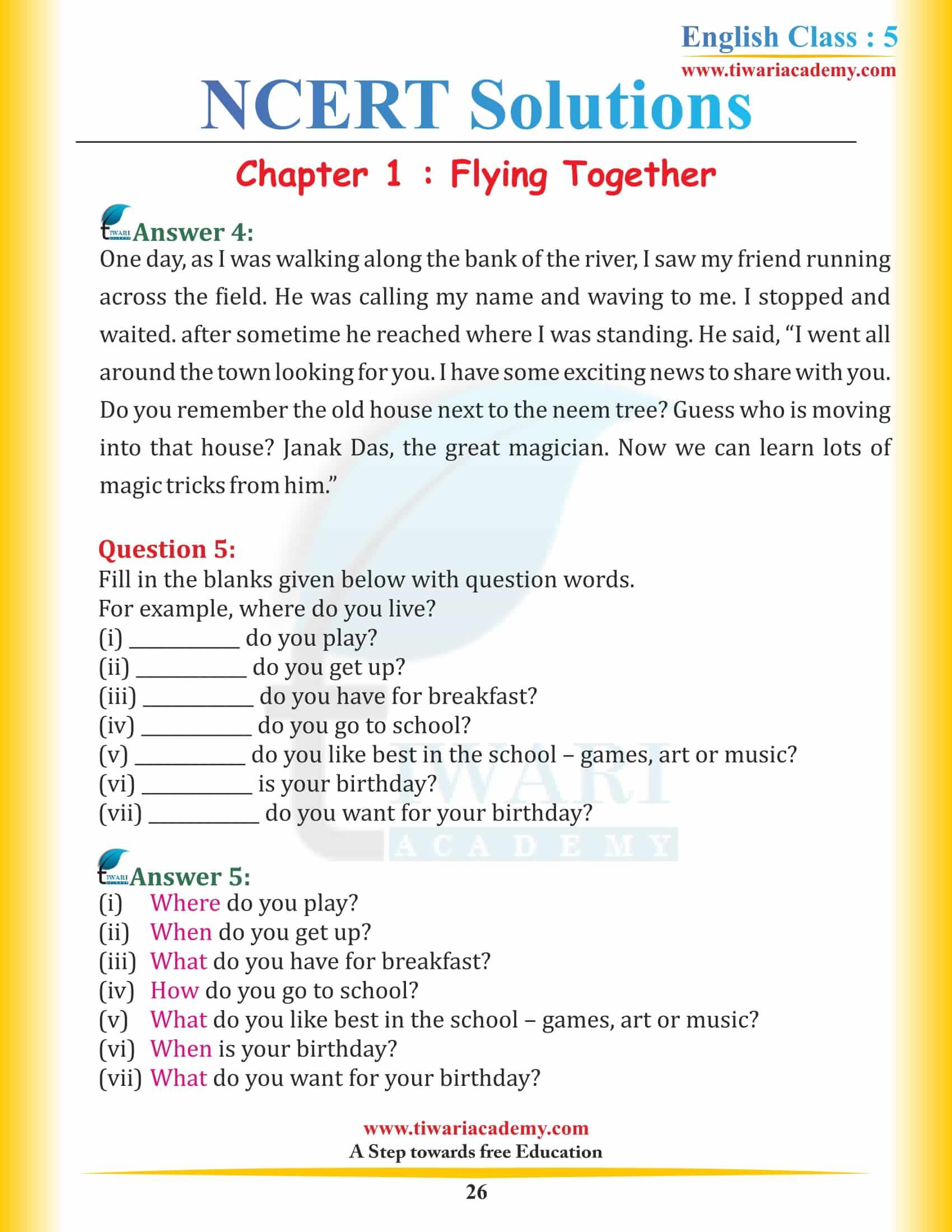 NCERT Solutions Class 5 English Chapter 1 Flying Together in PDF