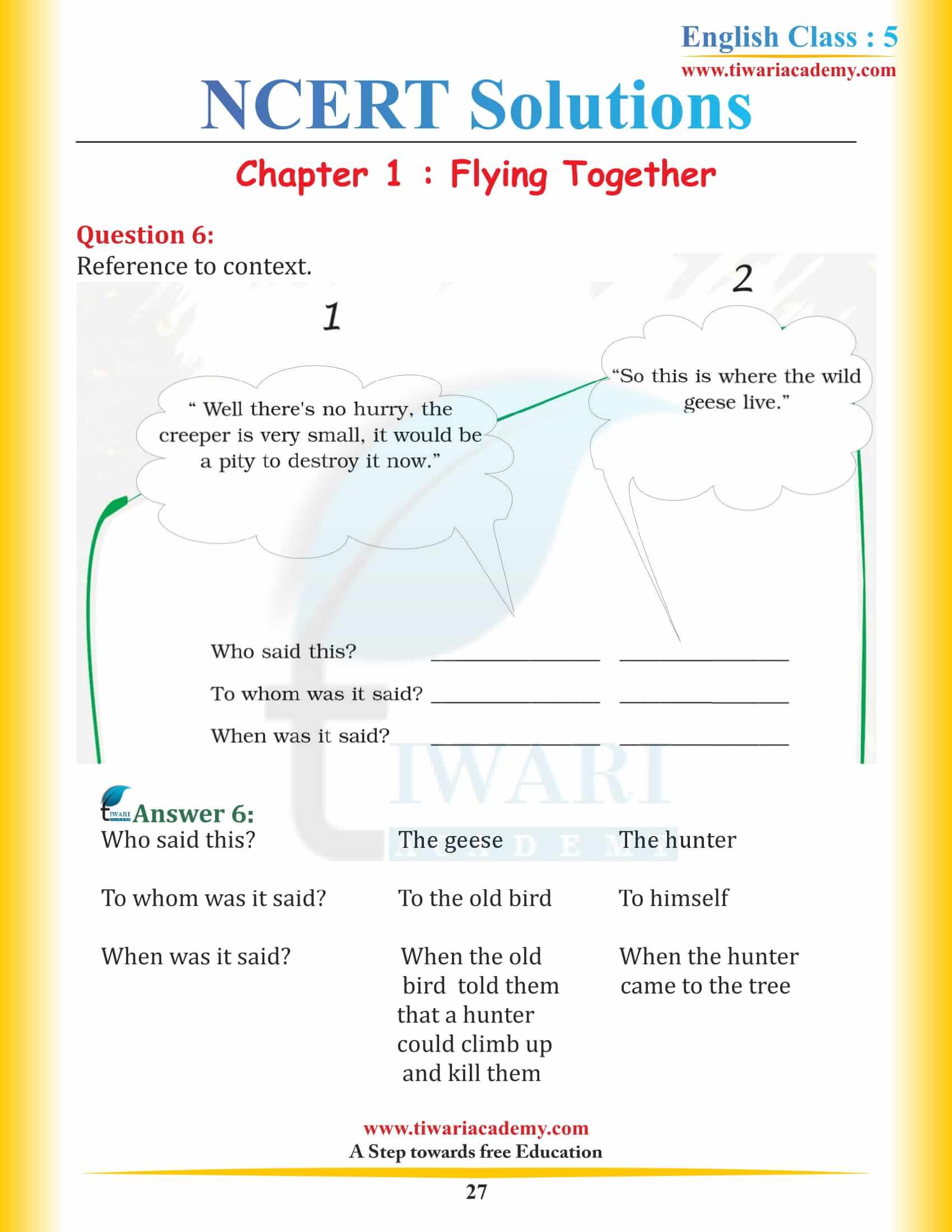NCERT Solutions Class 5 English Chapter 1 Flying Together free solutions