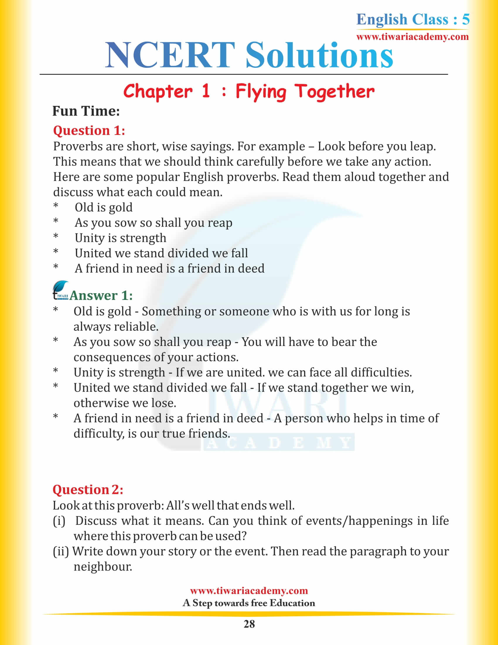 NCERT Class 5 English Chapter 1 Flying Together Solutions