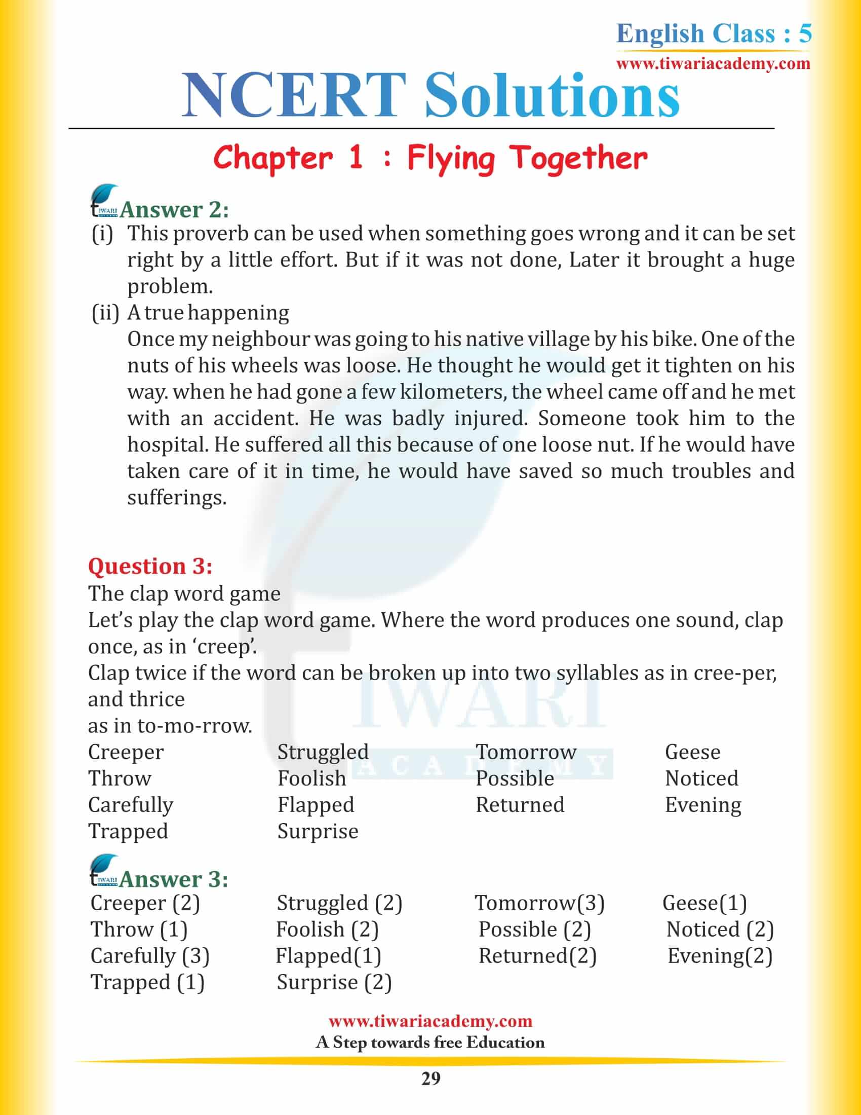 NCERT Solutions Class 5 English Chapter 1 all answers