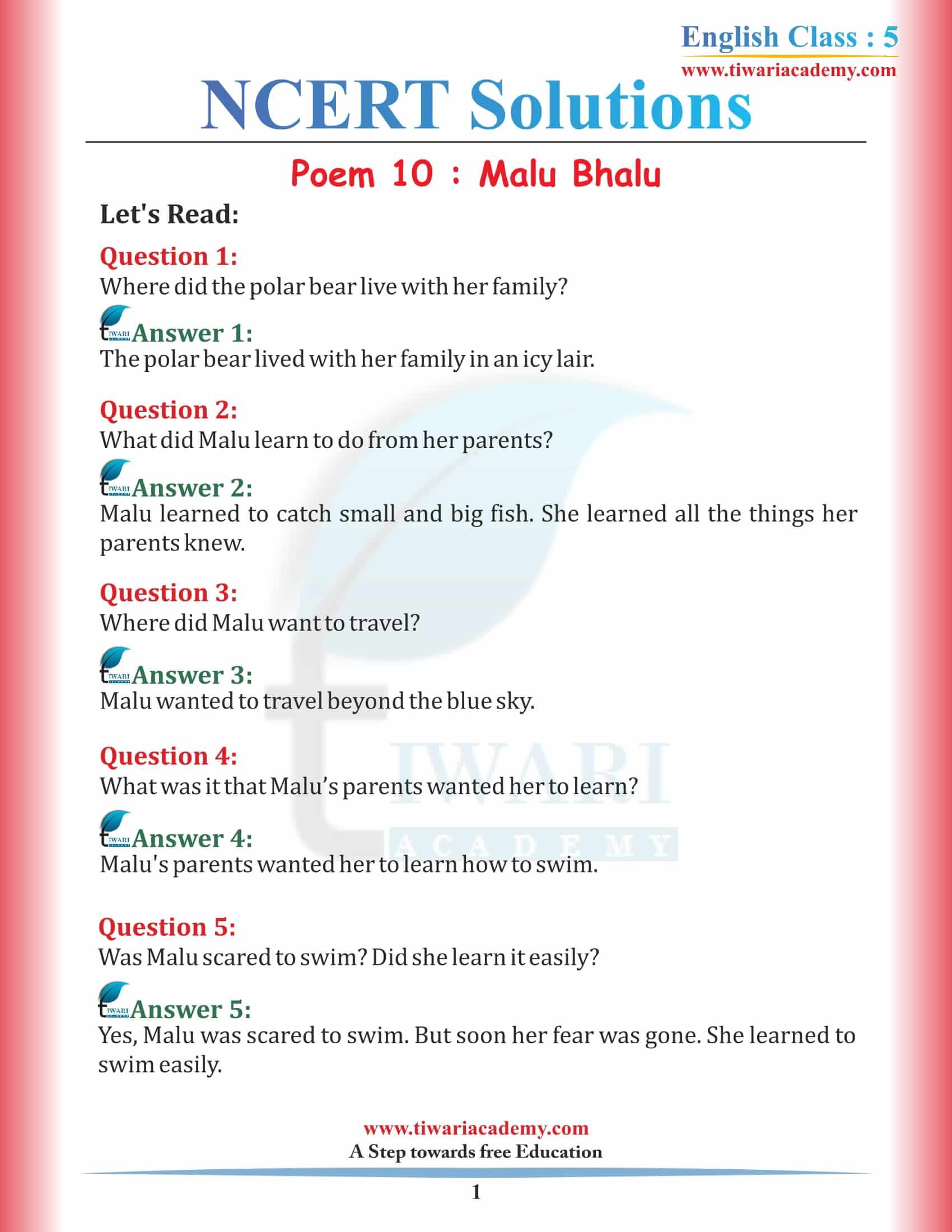 NCERT Solutions for Class 5 English Chapter 10 Malu Bhalu