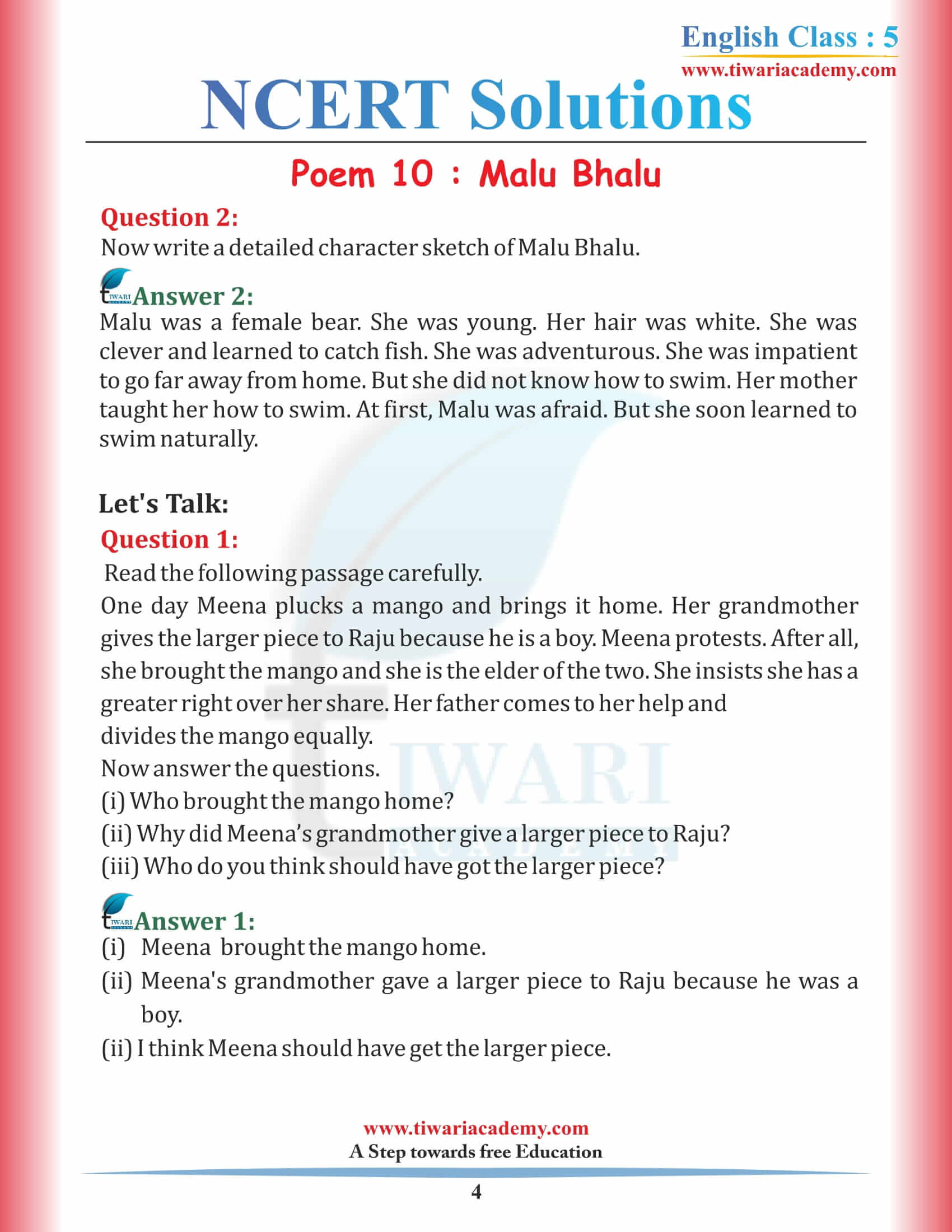 NCERT Solutions for Class 5 English Chapter 10 Malu Bhalu all answers