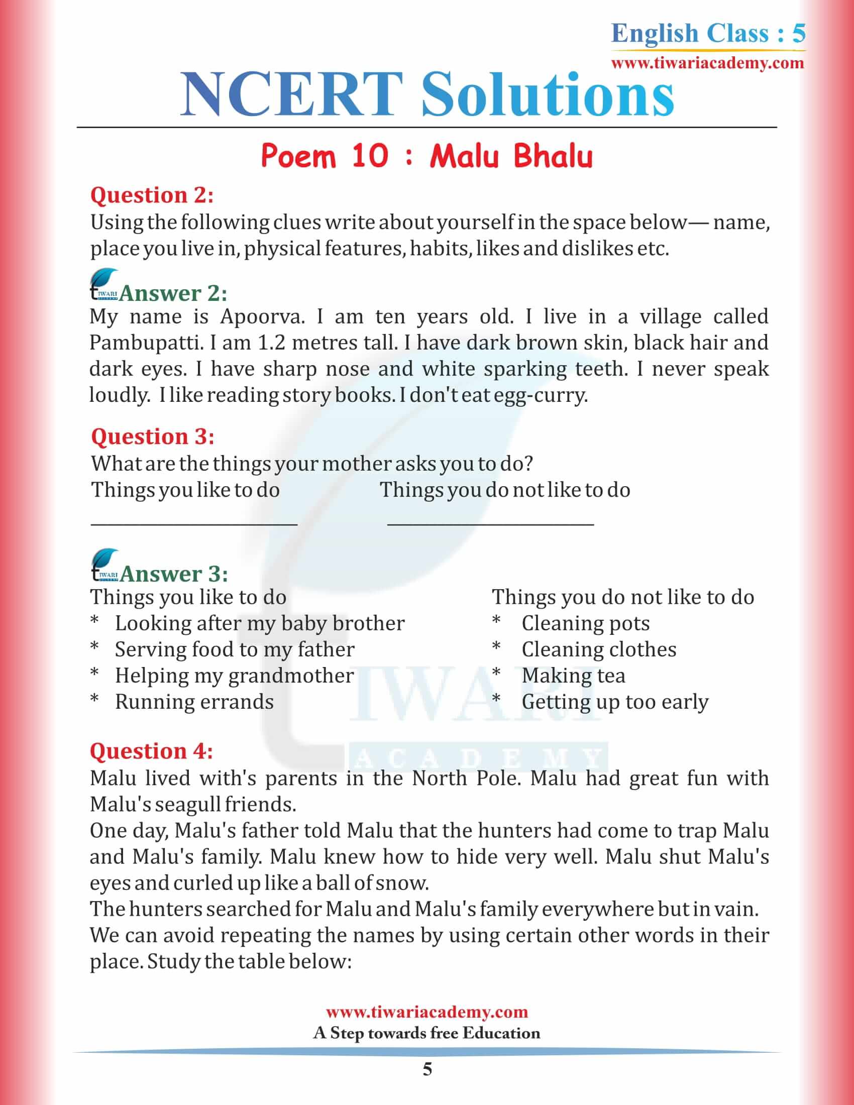NCERT Solutions for Class 5 English Chapter 10 Malu Bhalu sols free