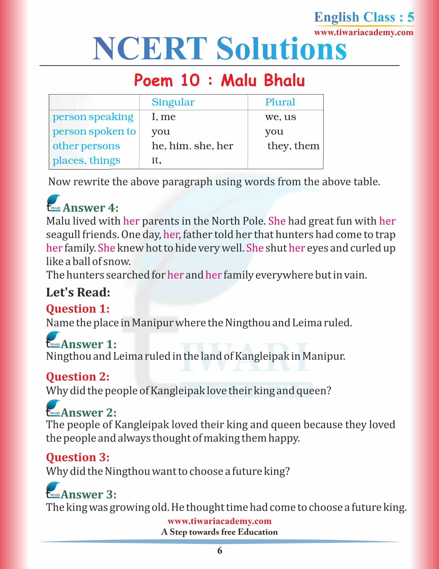 NCERT Solutions for Class 5 English Chapter 10 Malu Bhalu PDF