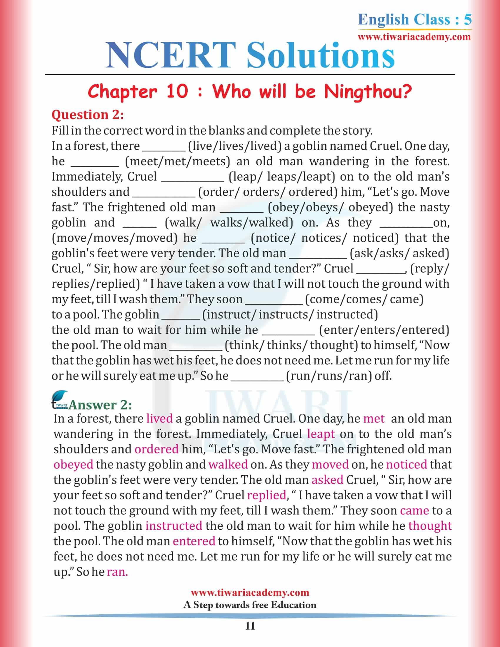 NCERT Solutions for Class 5 English Chapter 10 in Hindi Medium