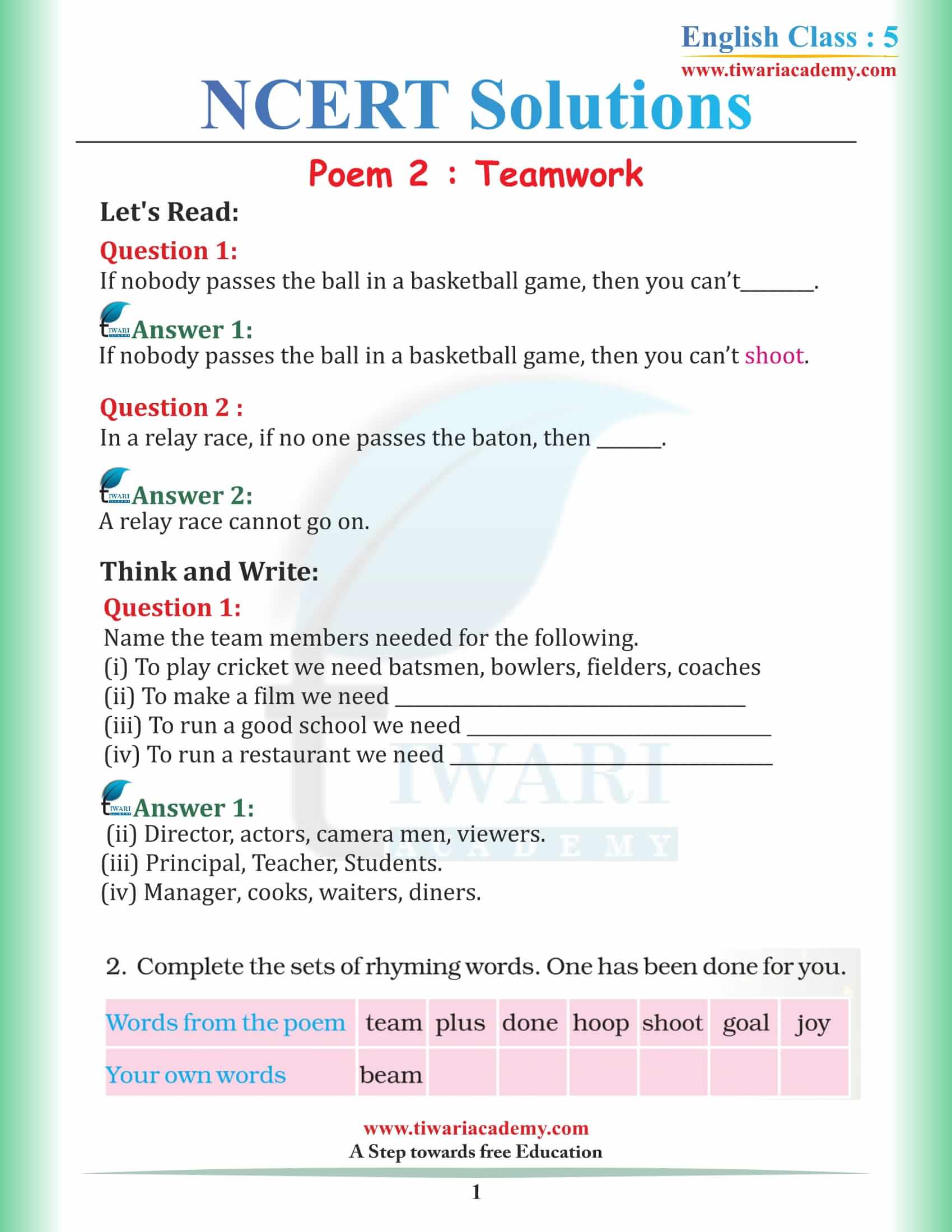 NCERT Solutions for Class 5 English Chapter 2 (Unit II) Teamwork