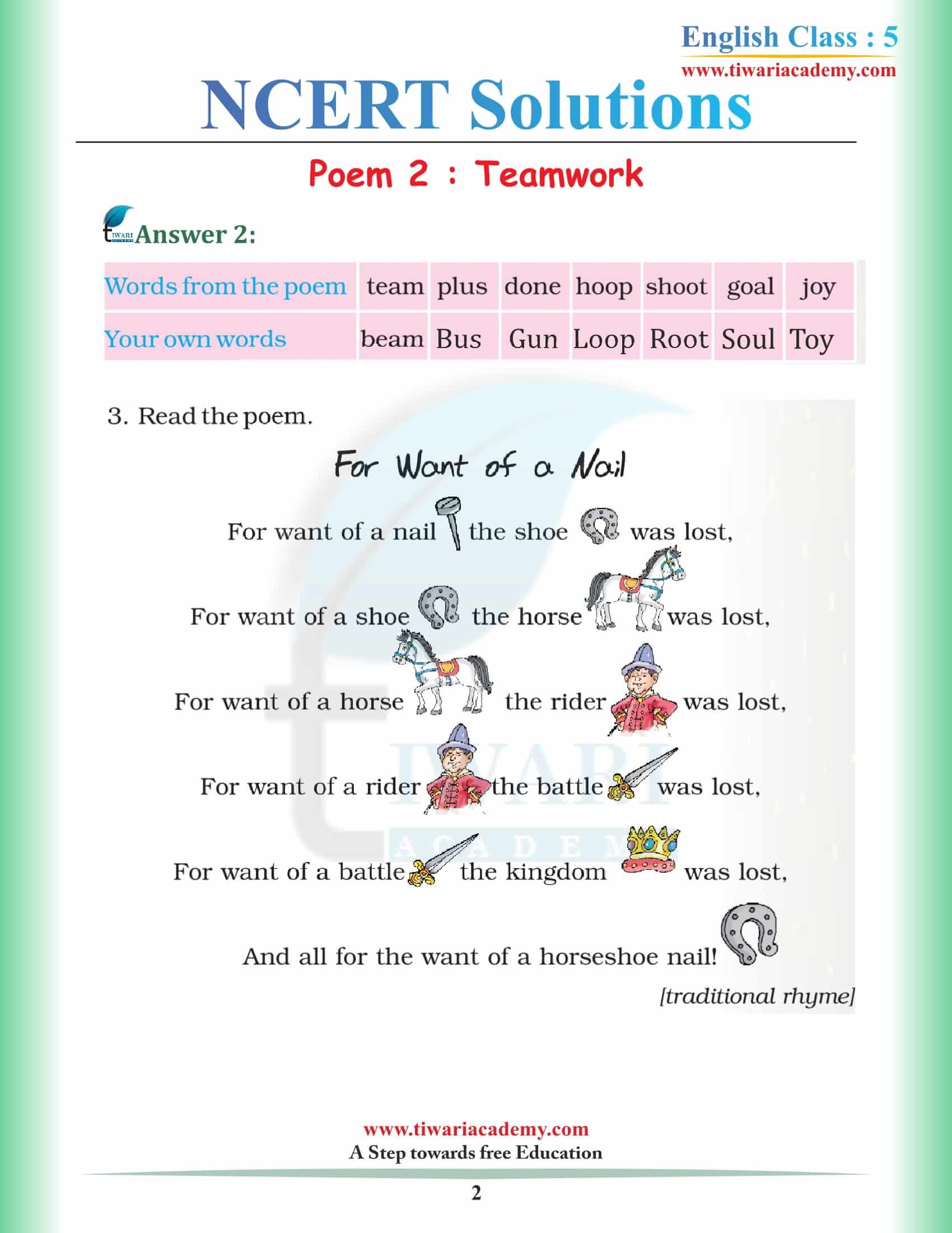 NCERT Solutions for Class 5 English Chapter 2 Teamwork