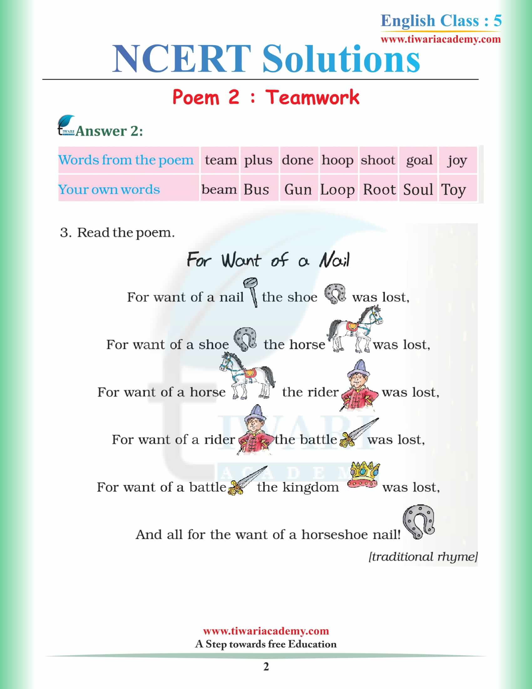 NCERT Solutions for Class 5 English Chapter 2 Teamwork