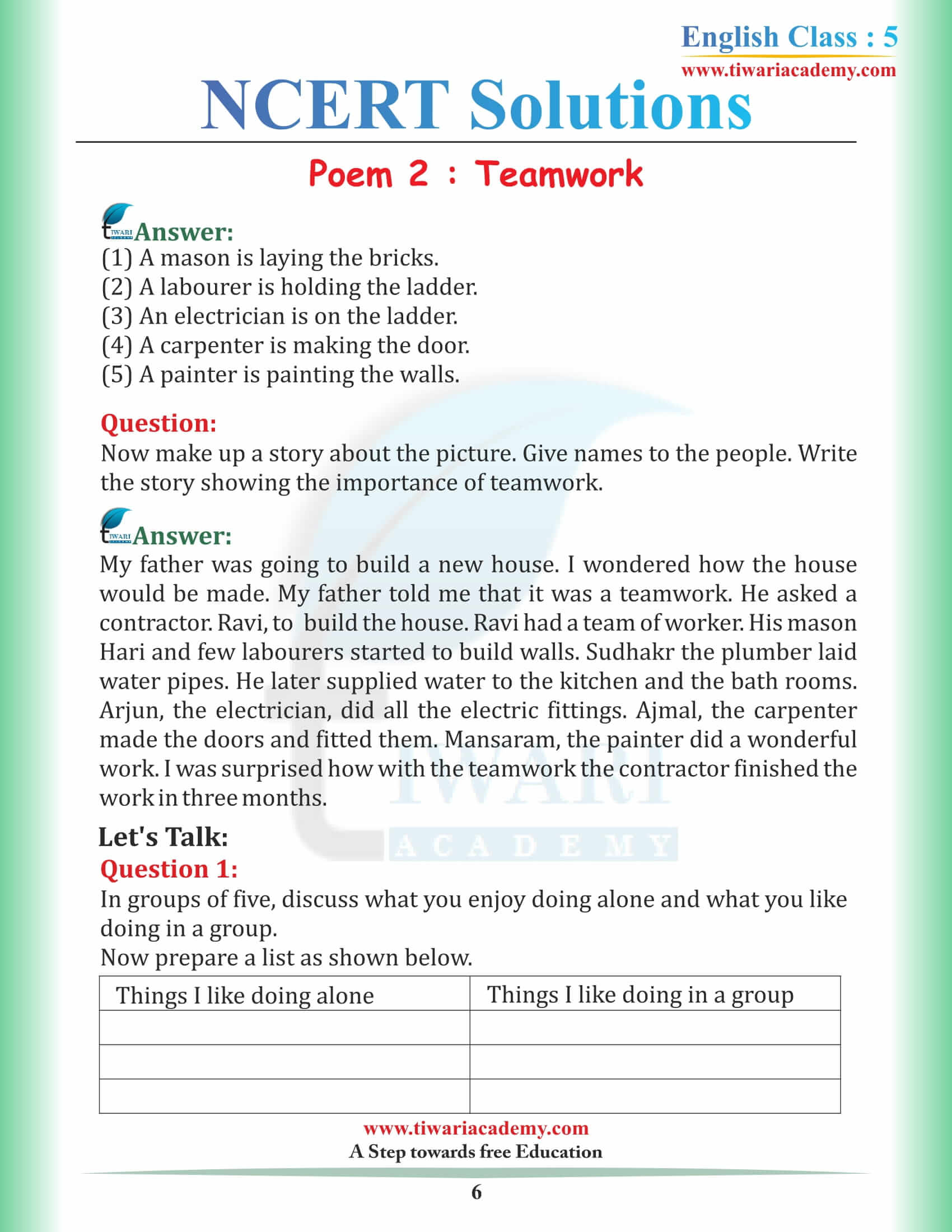 NCERT Solutions for Class 5 English Chapter 2 in Hindi Medium