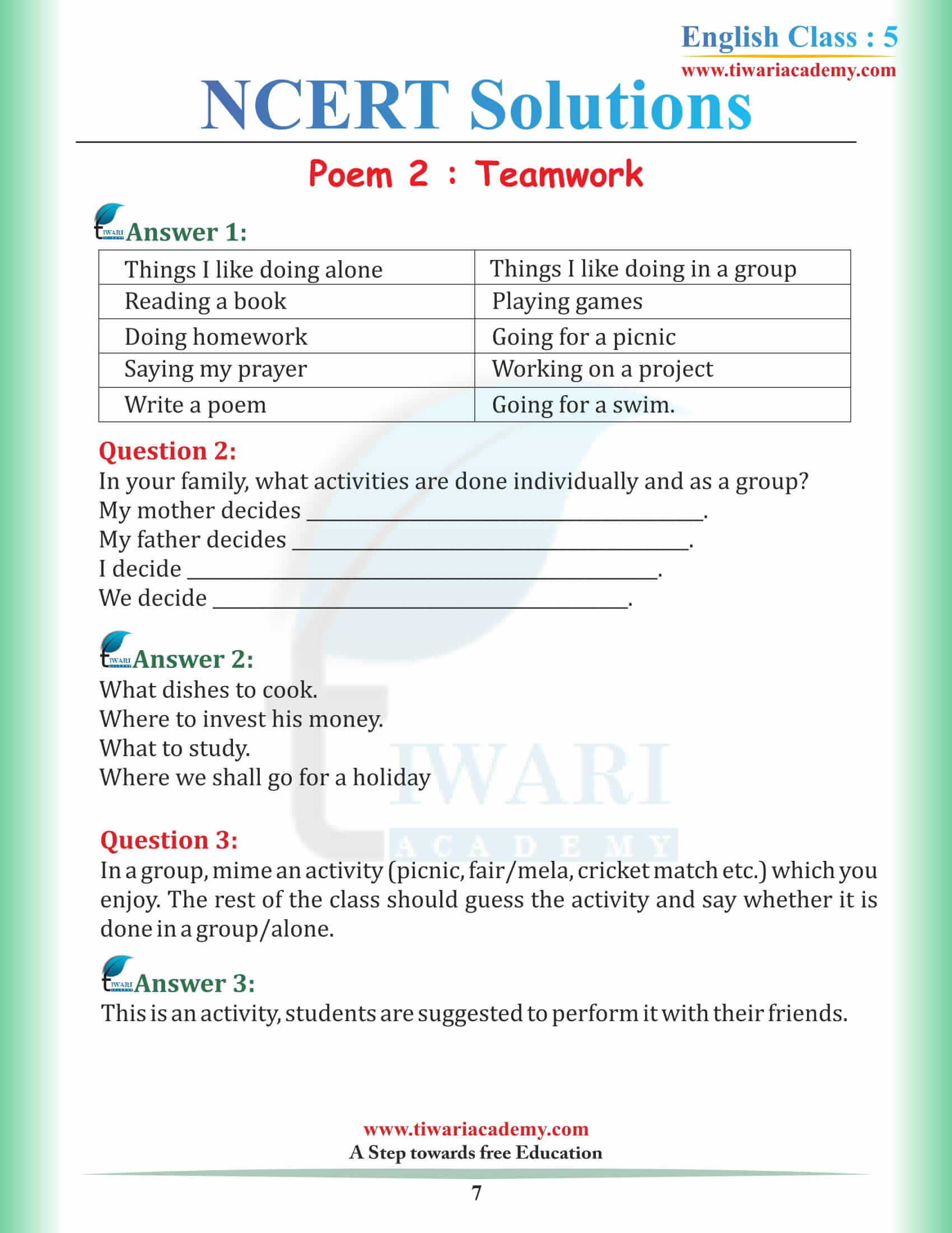 NCERT Solutions for Class 5 English Chapter 2 free download