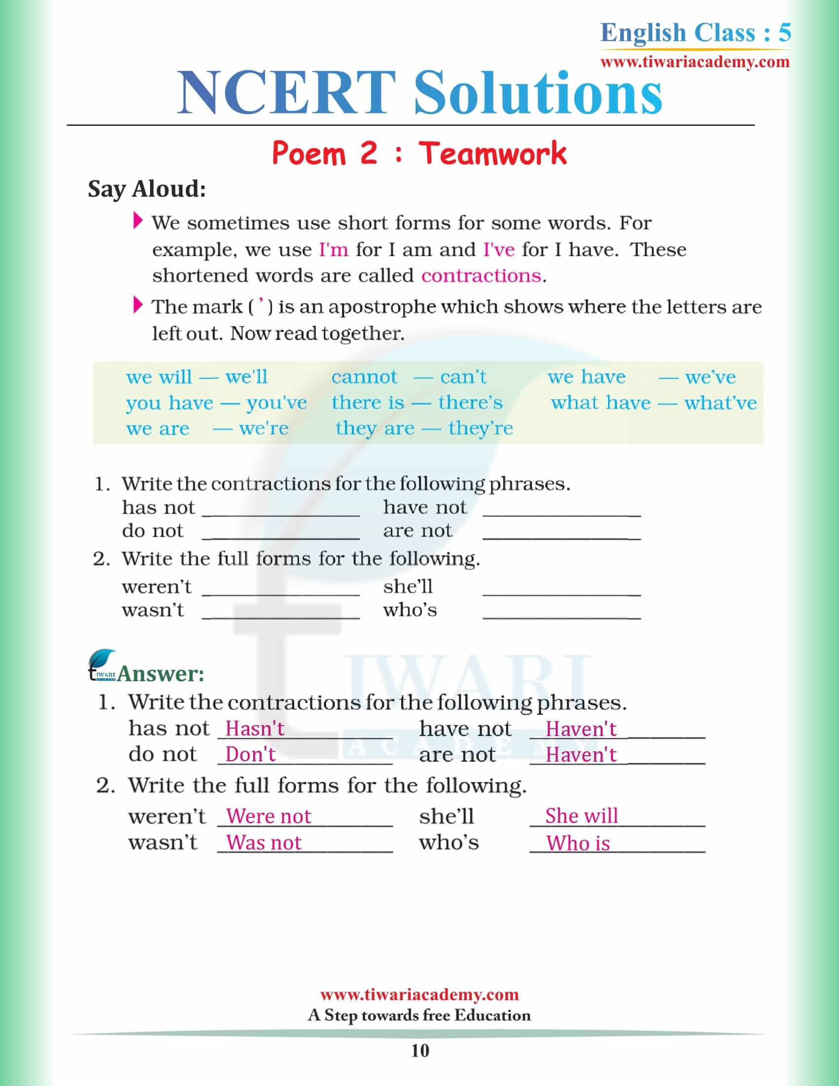 NCERT Solutions for Class 5 English Chapter 2