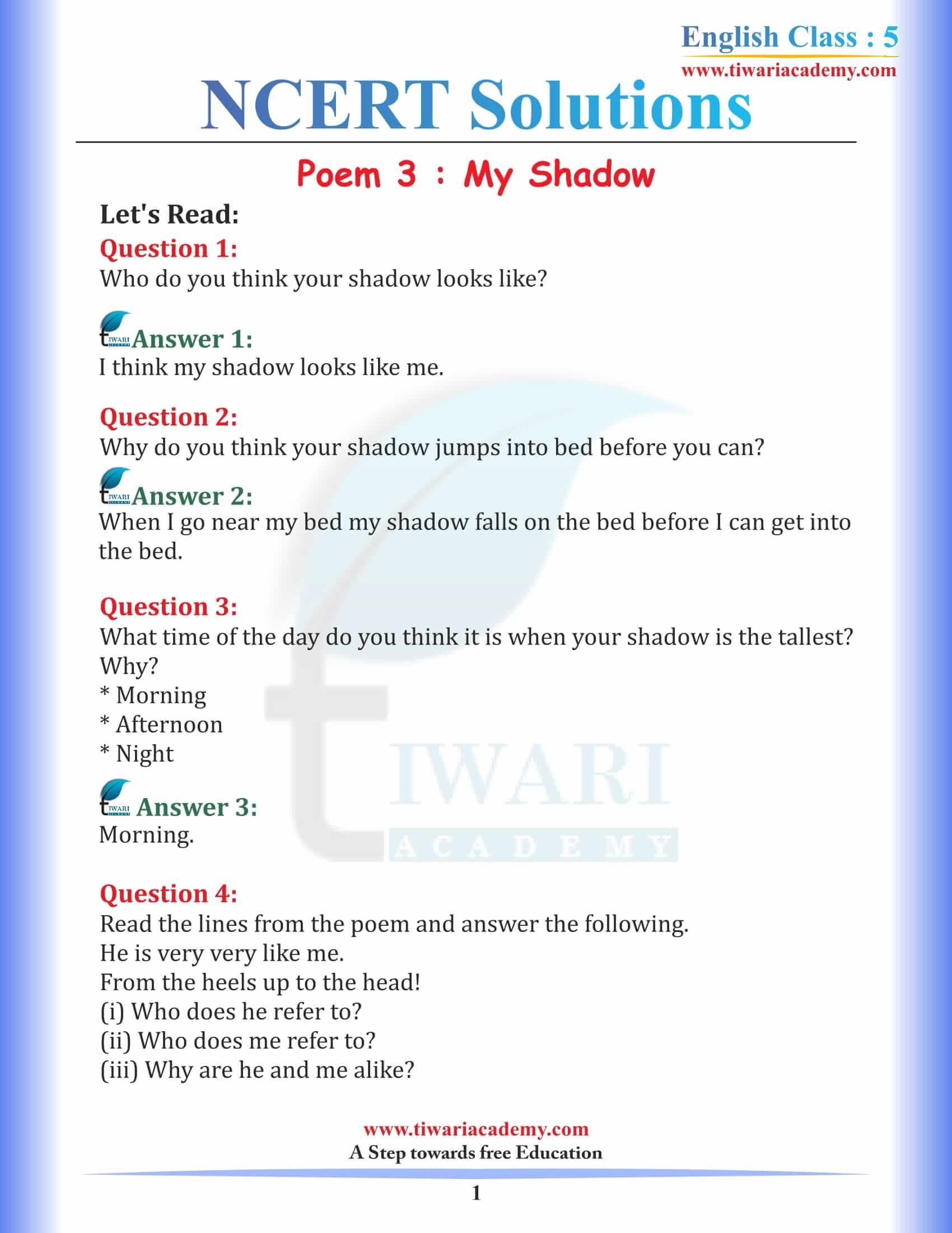 NCERT Solutions for Class 5 English Chapter 3 My Shadow