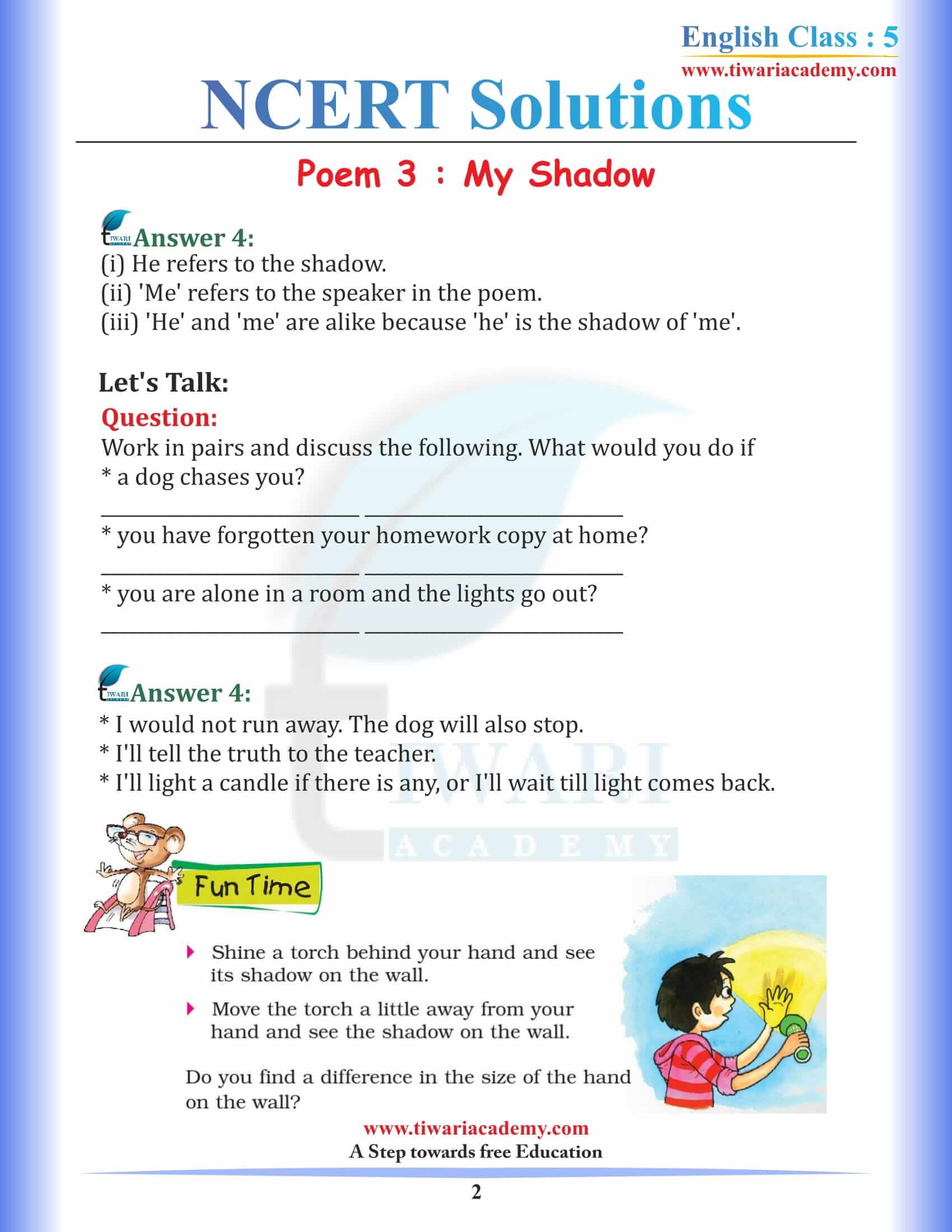 NCERT Solutions for Class 5 English Chapter 3 My Shadow question answers