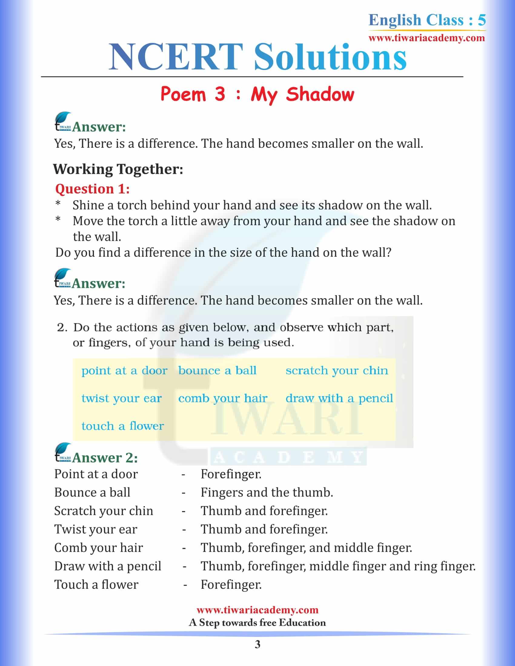 NCERT Solutions for Class 5 English Chapter 3 My Shadow in PDF