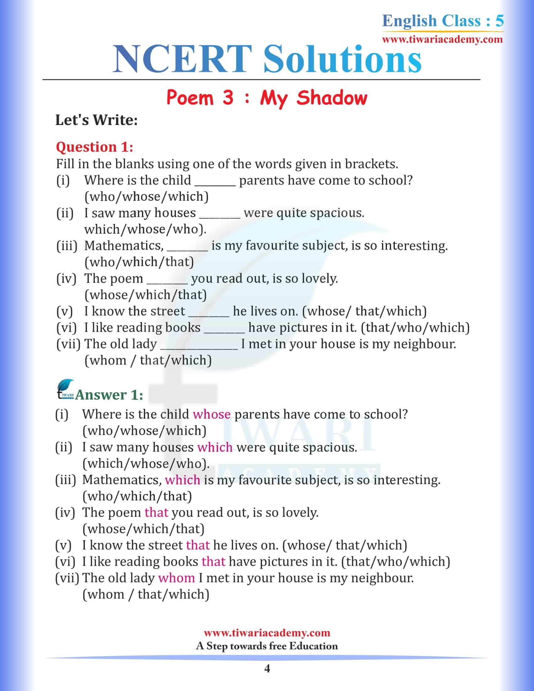 NCERT Solutions for Class 5 English Chapter 3 My Shadow in PDF