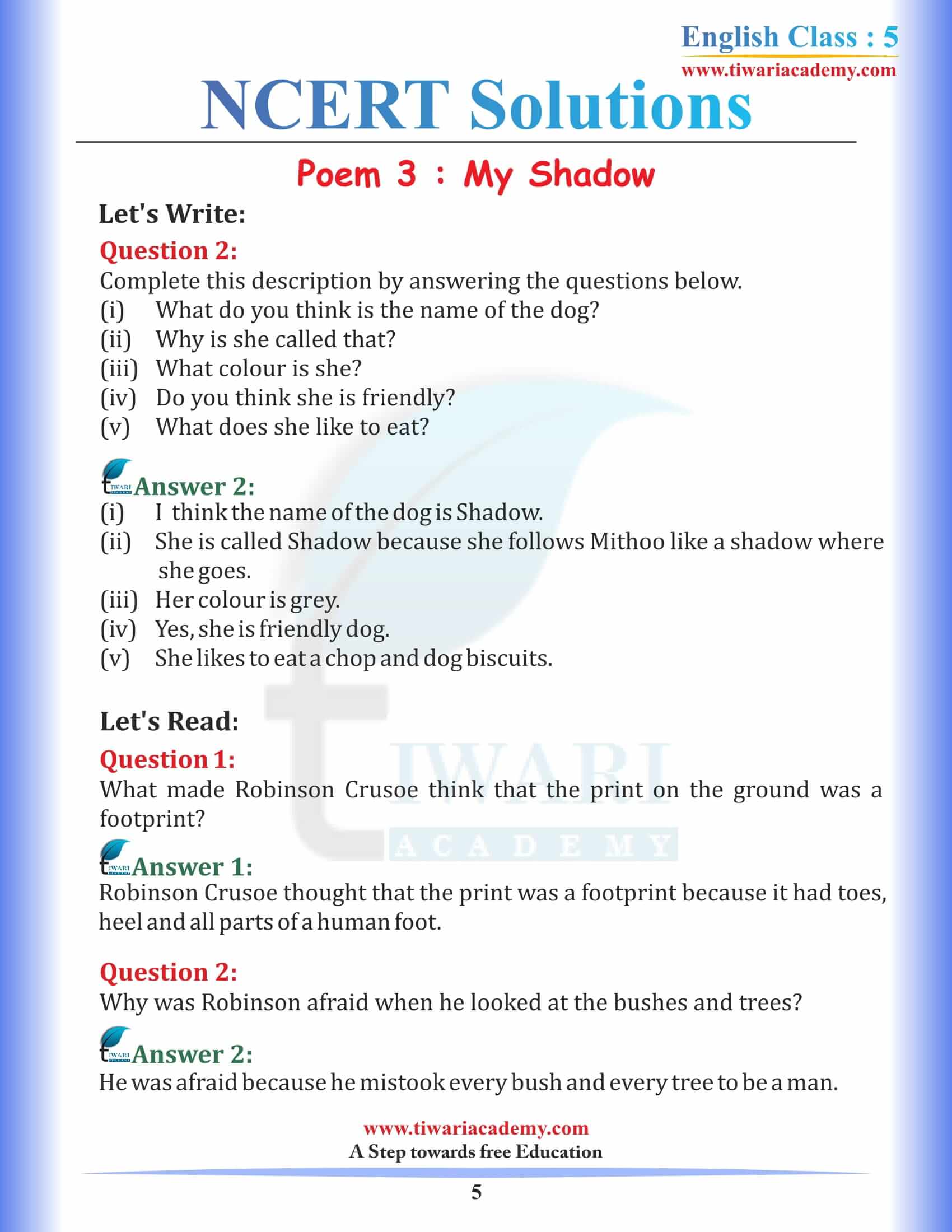 NCERT Solutions for Class 5 English Chapter 3 My Shadow in Hindi