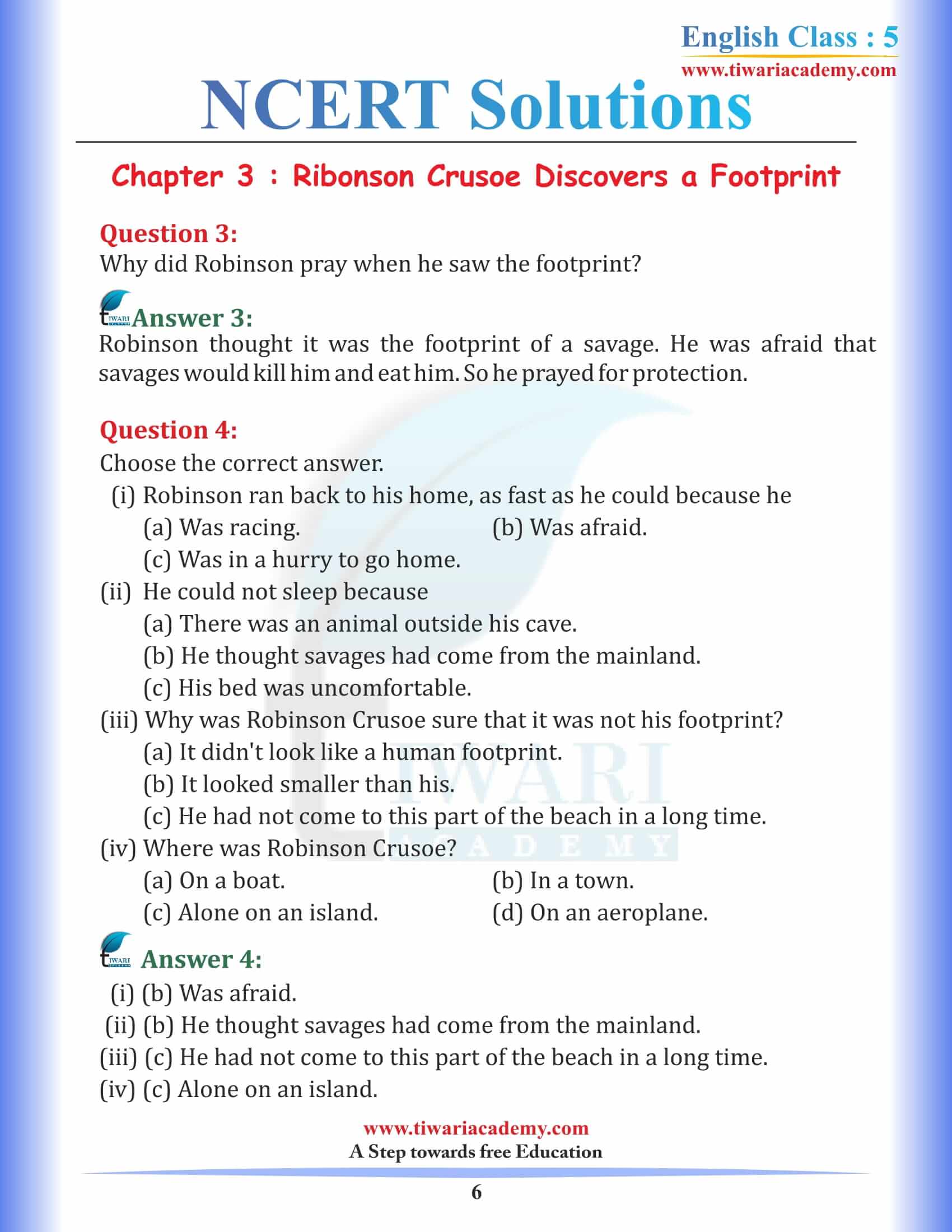 NCERT Solutions for Class 5 English Chapter 3 Robinson Crusoe Discovers a footprint