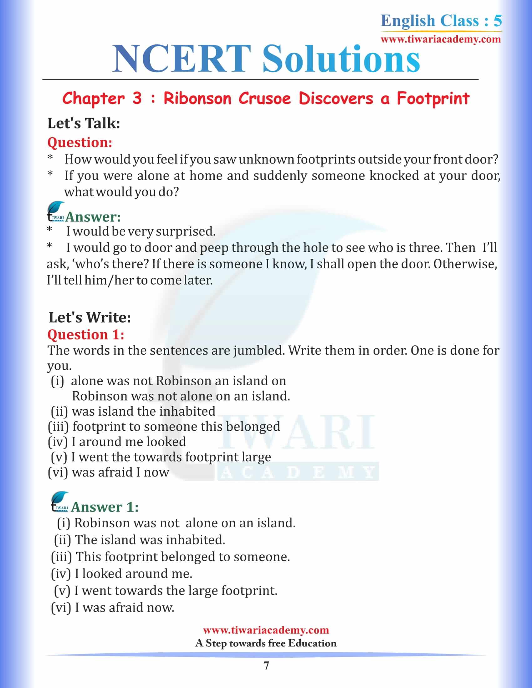 NCERT Solutions for Class 5 English Chapter 3 Robinson Crusoe Discovers a footprint in PDF