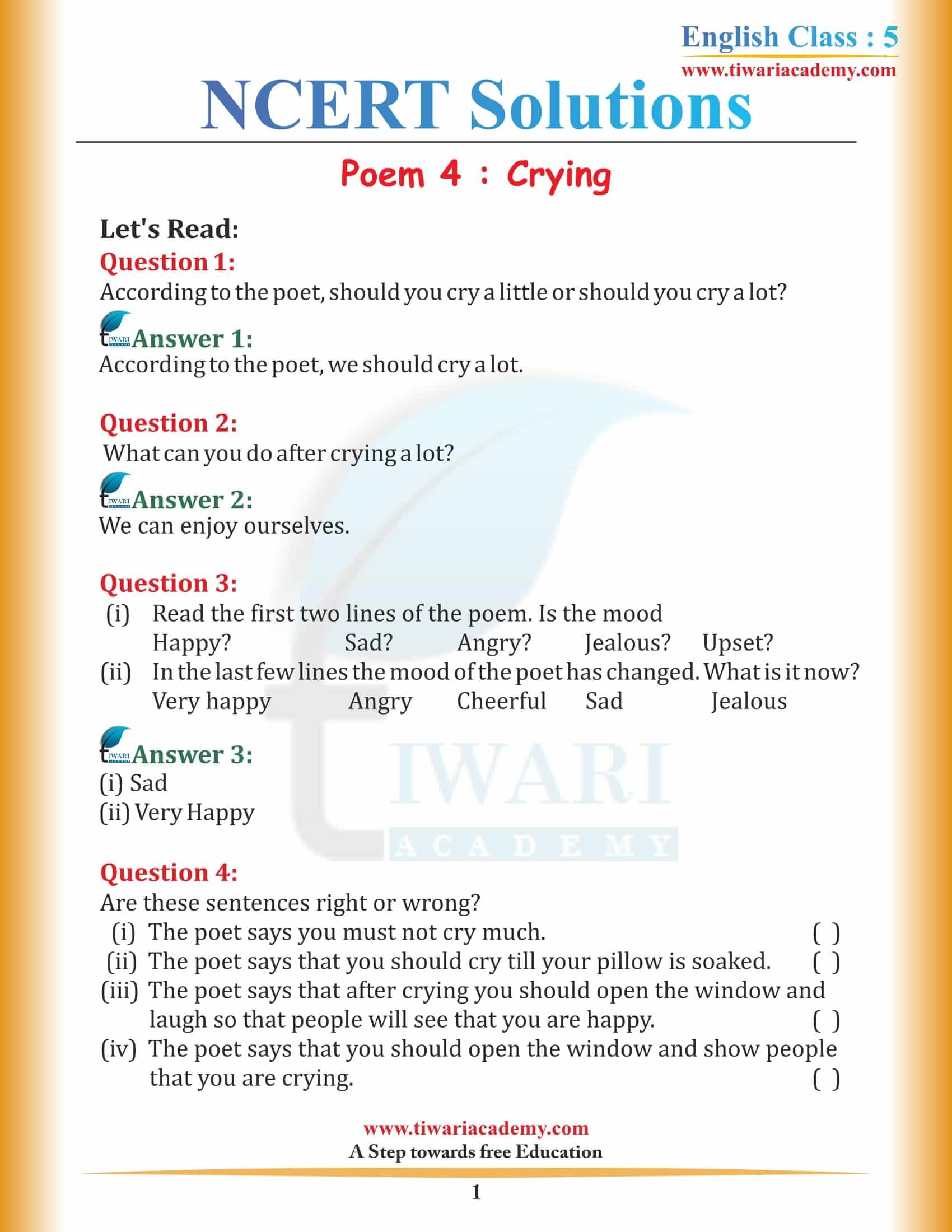 NCERT Solutions for Class 5 English Chapter 4 Crying