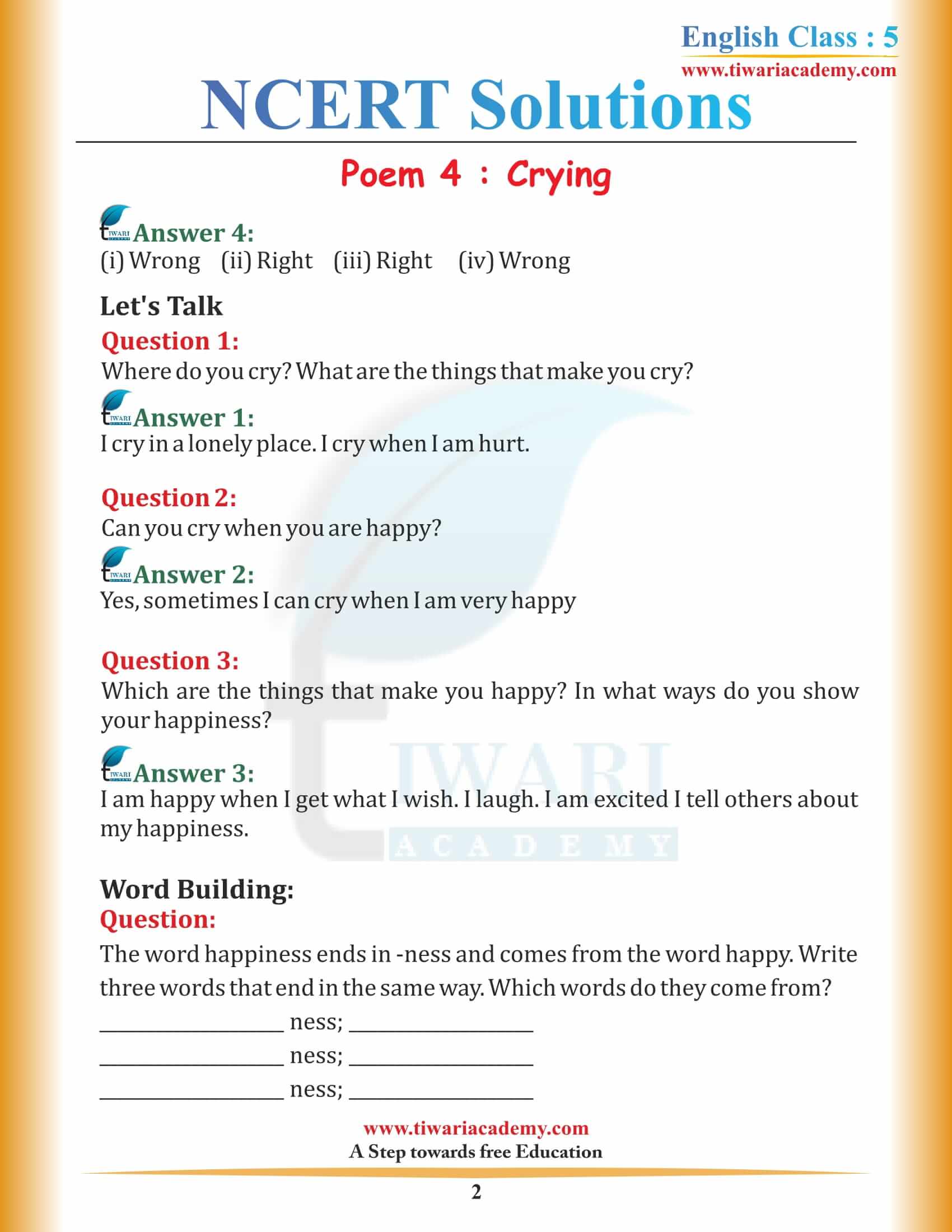 NCERT Solutions for Class 5 English Chapter 4 Crying in Hindi