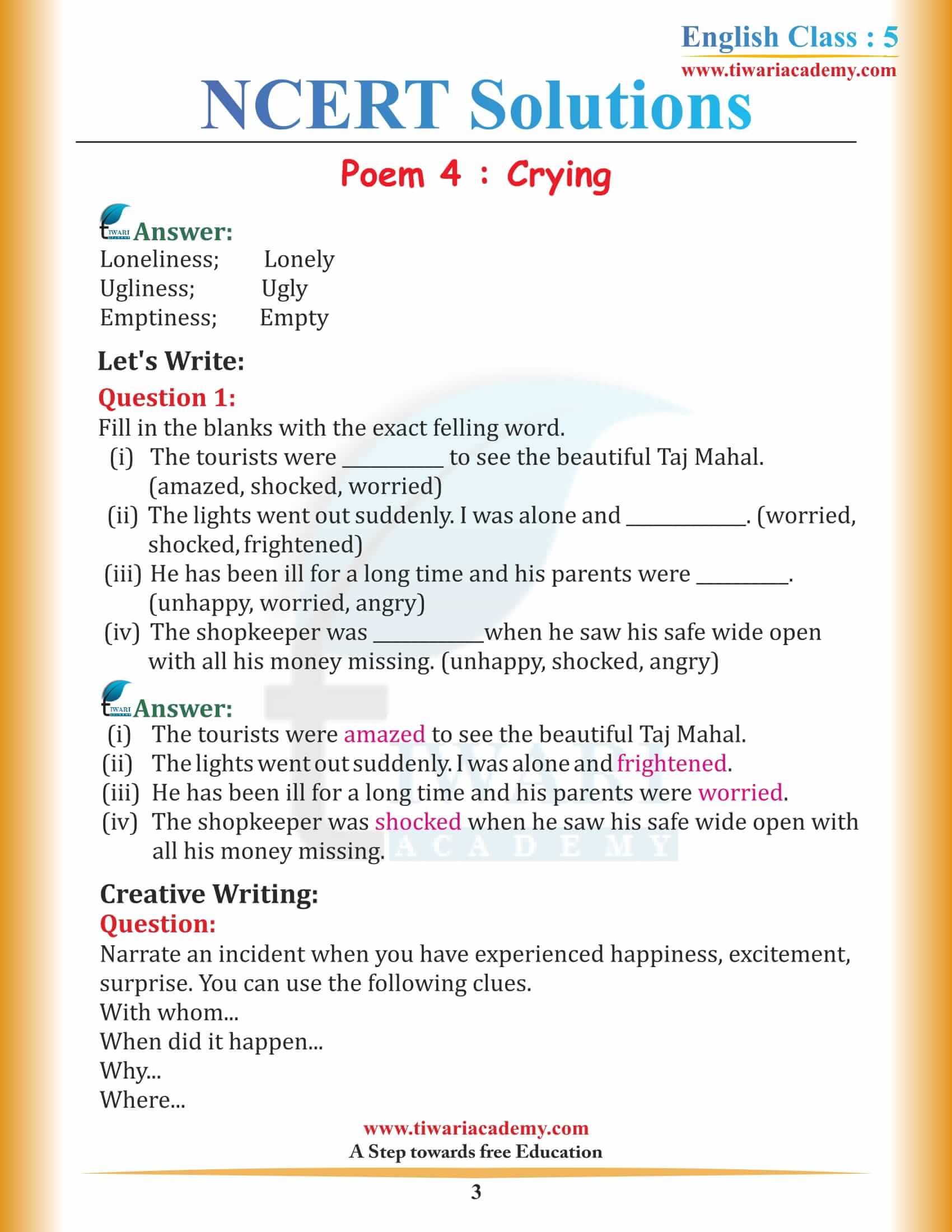 NCERT Solutions for Class 5 English Chapter 4 Crying in PDF