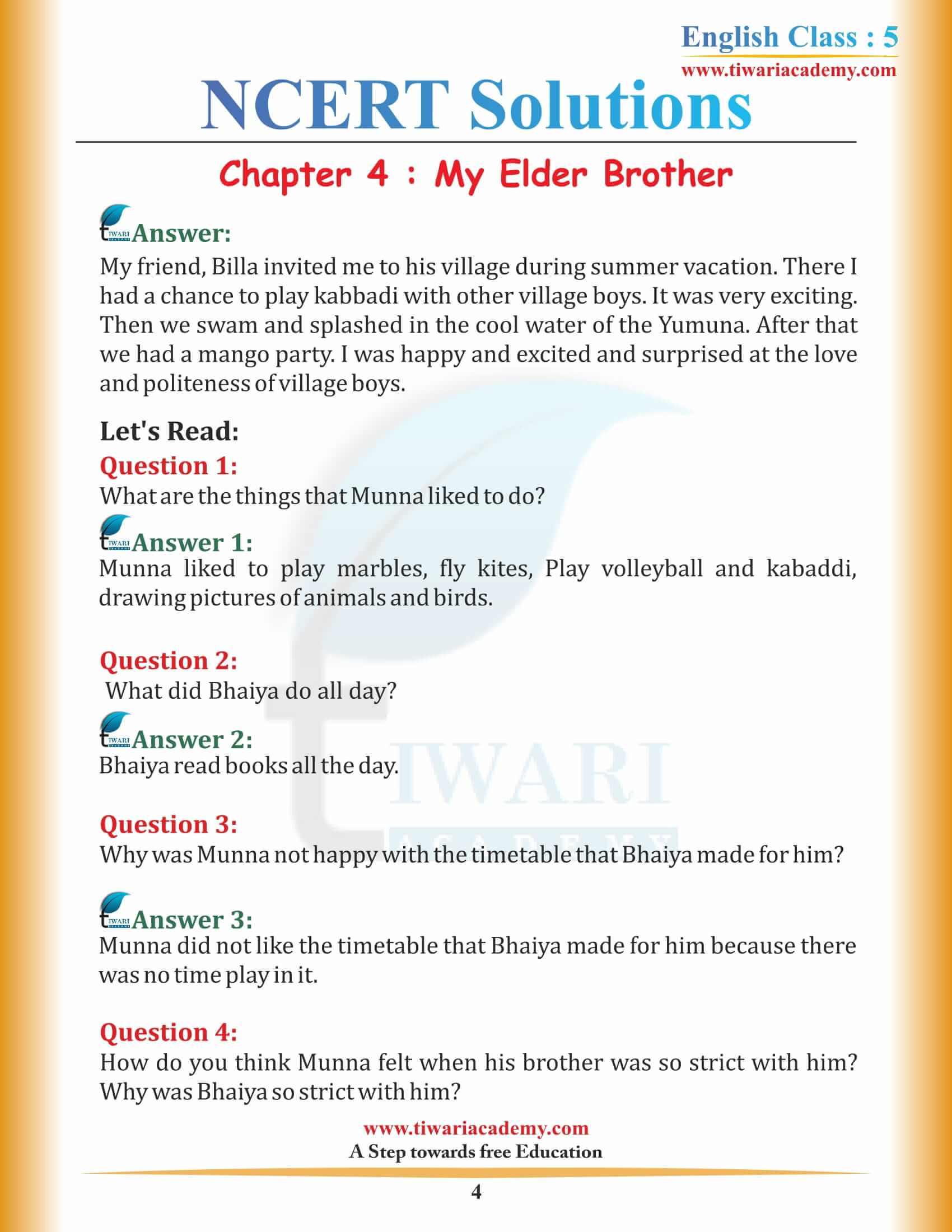 NCERT Solutions for Class 5 English Chapter 4 My Elder Brother