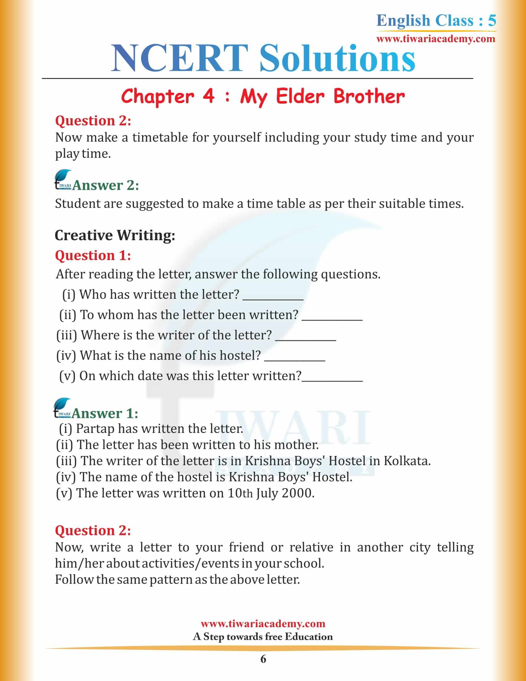 NCERT Solutions for Class 5 English Chapter 4 My Elder Brother in PDF