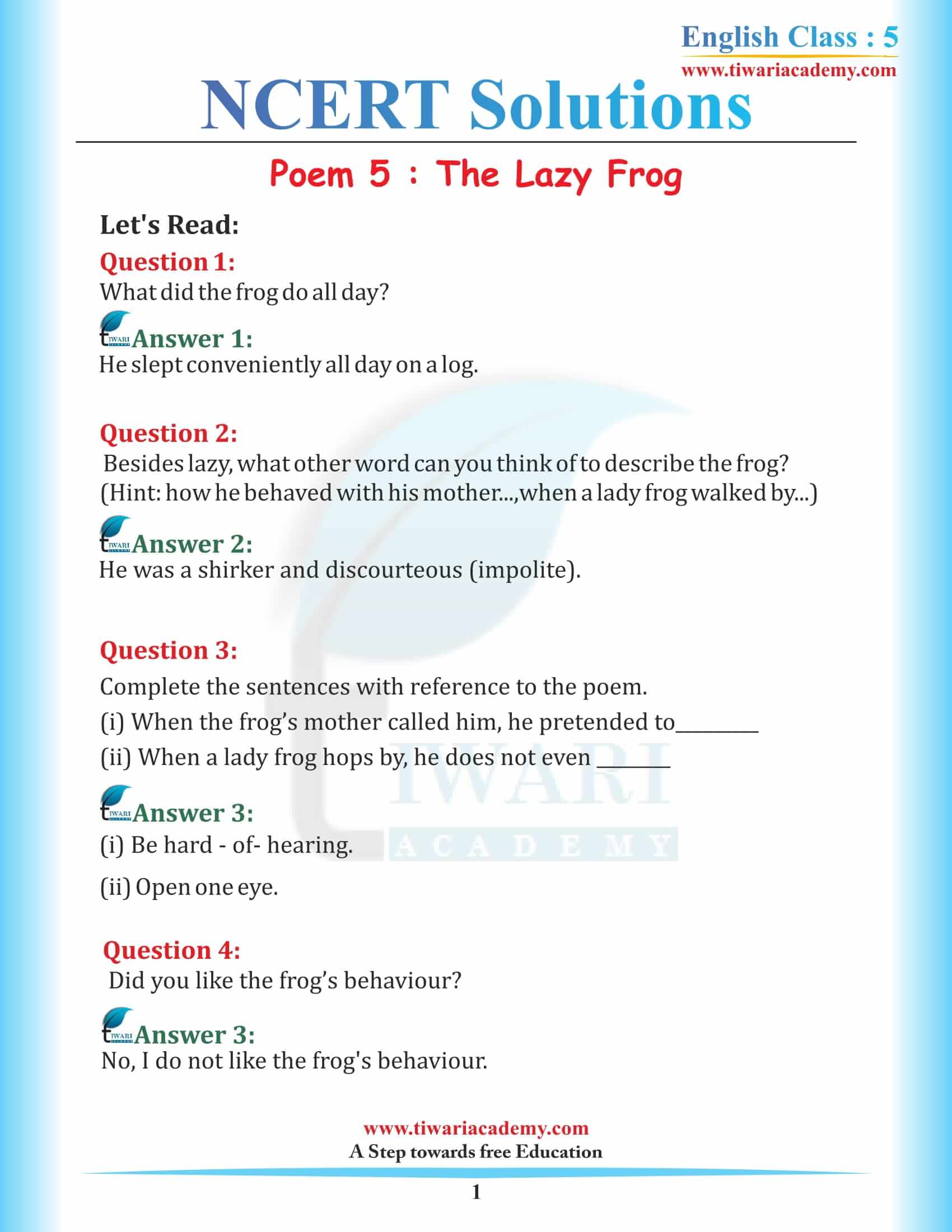 NCERT Solutions for Class 5 English Chapter 5 The Lazy Frog