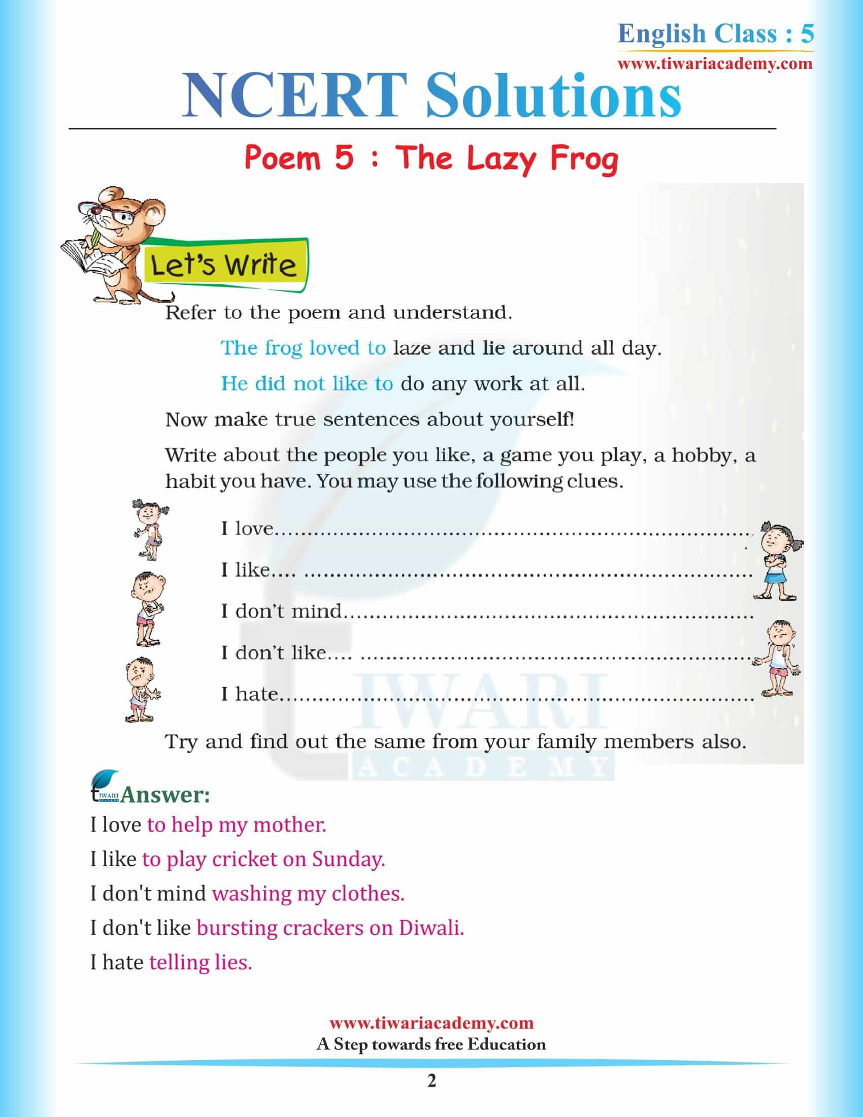 NCERT Solutions for Class 5 English Chapter 5 The Lazy Frog in PDF Format