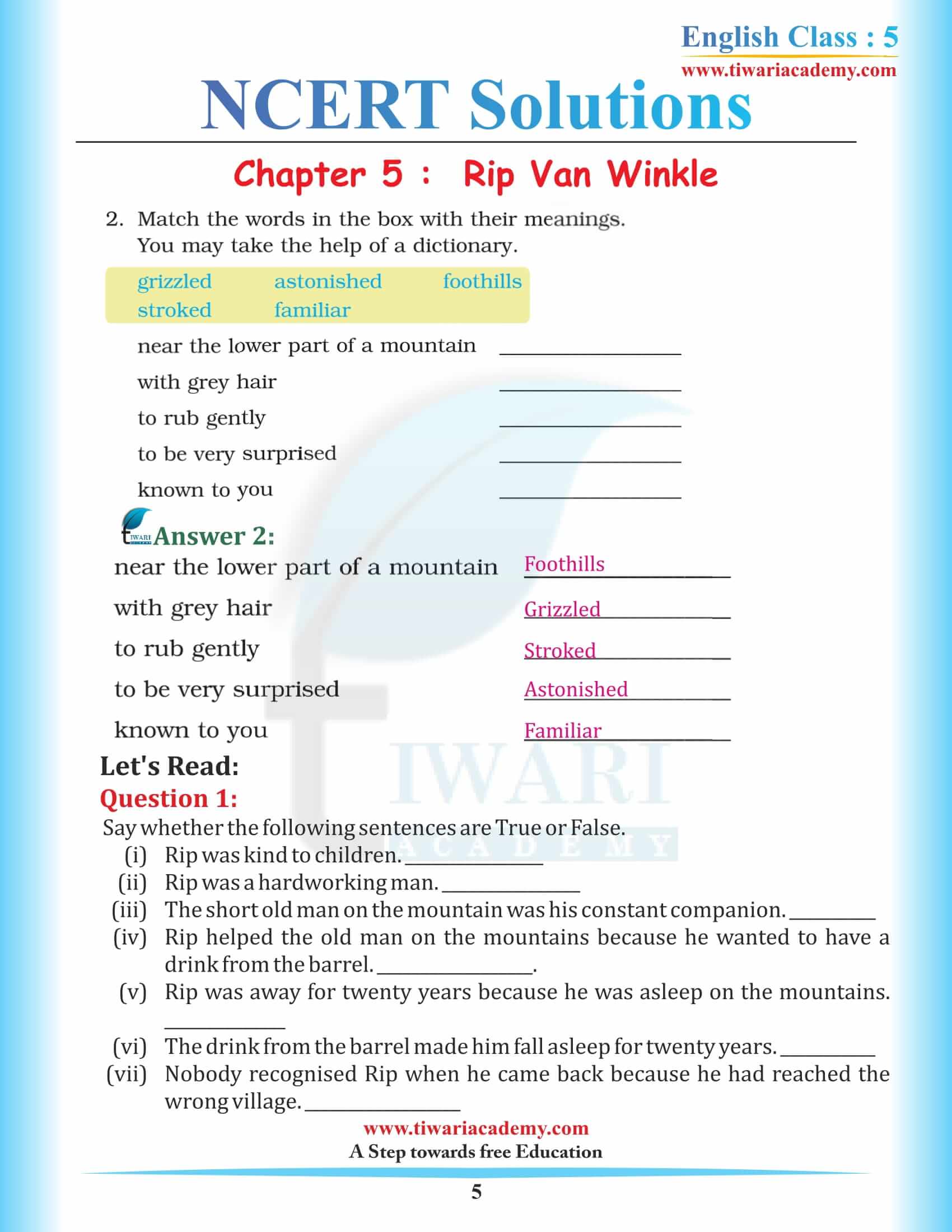 NCERT Solutions for Class 5 English Chapter 5 Rip Van Winkle in PDF format
