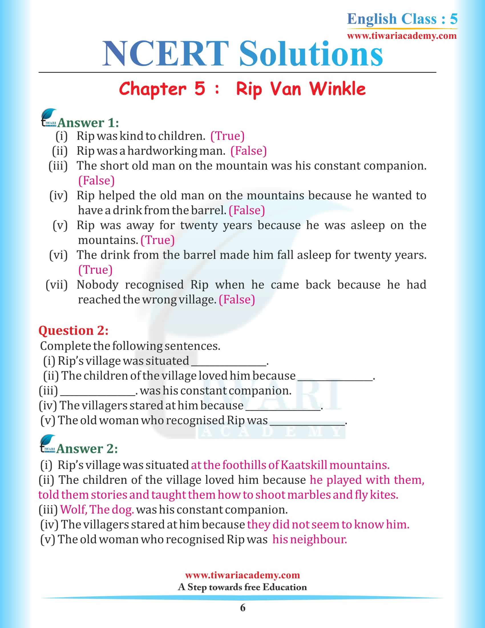 NCERT Solutions for Class 5 English Chapter 5 Rip Van Winkle free download