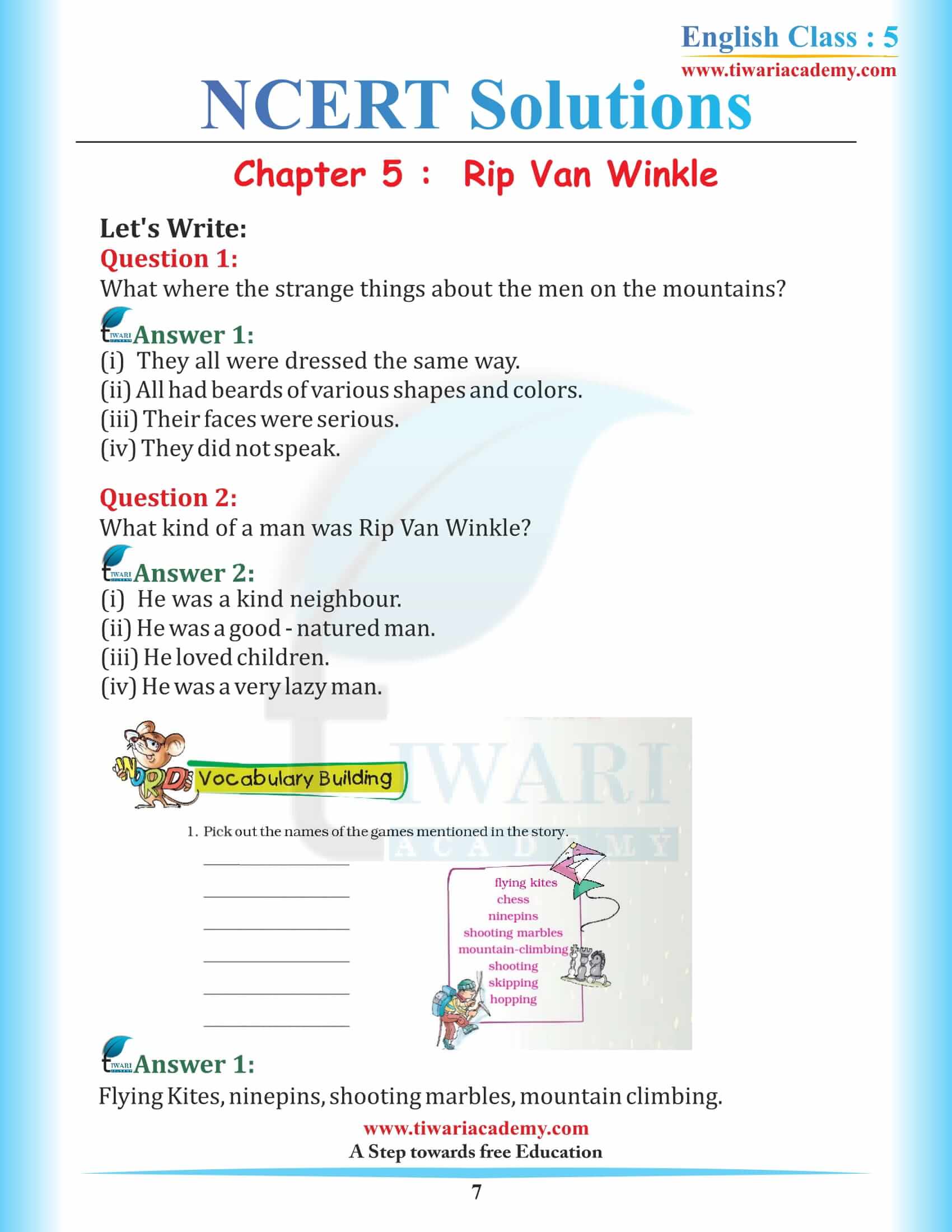 NCERT Solutions for Class 5 English Chapter 5 Rip Van Winkle in Hindi Medium