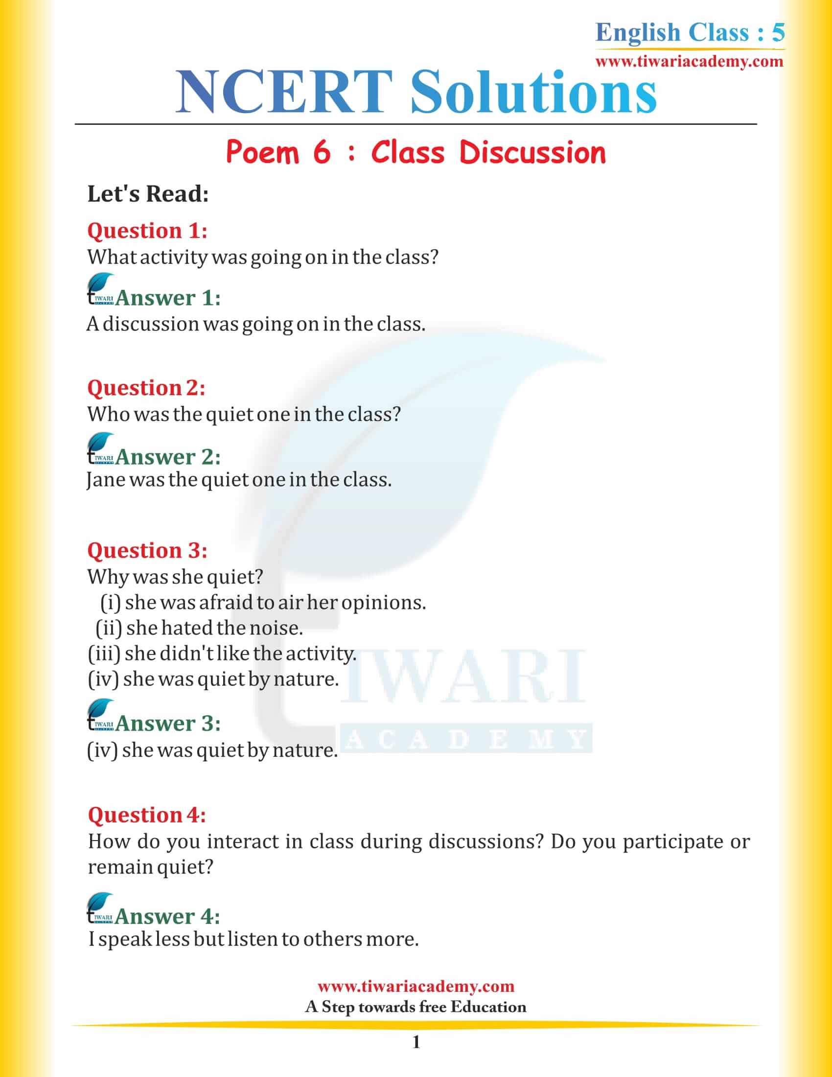 NCERT Solutions for Class 5 English Chapter 6 Class Discussion