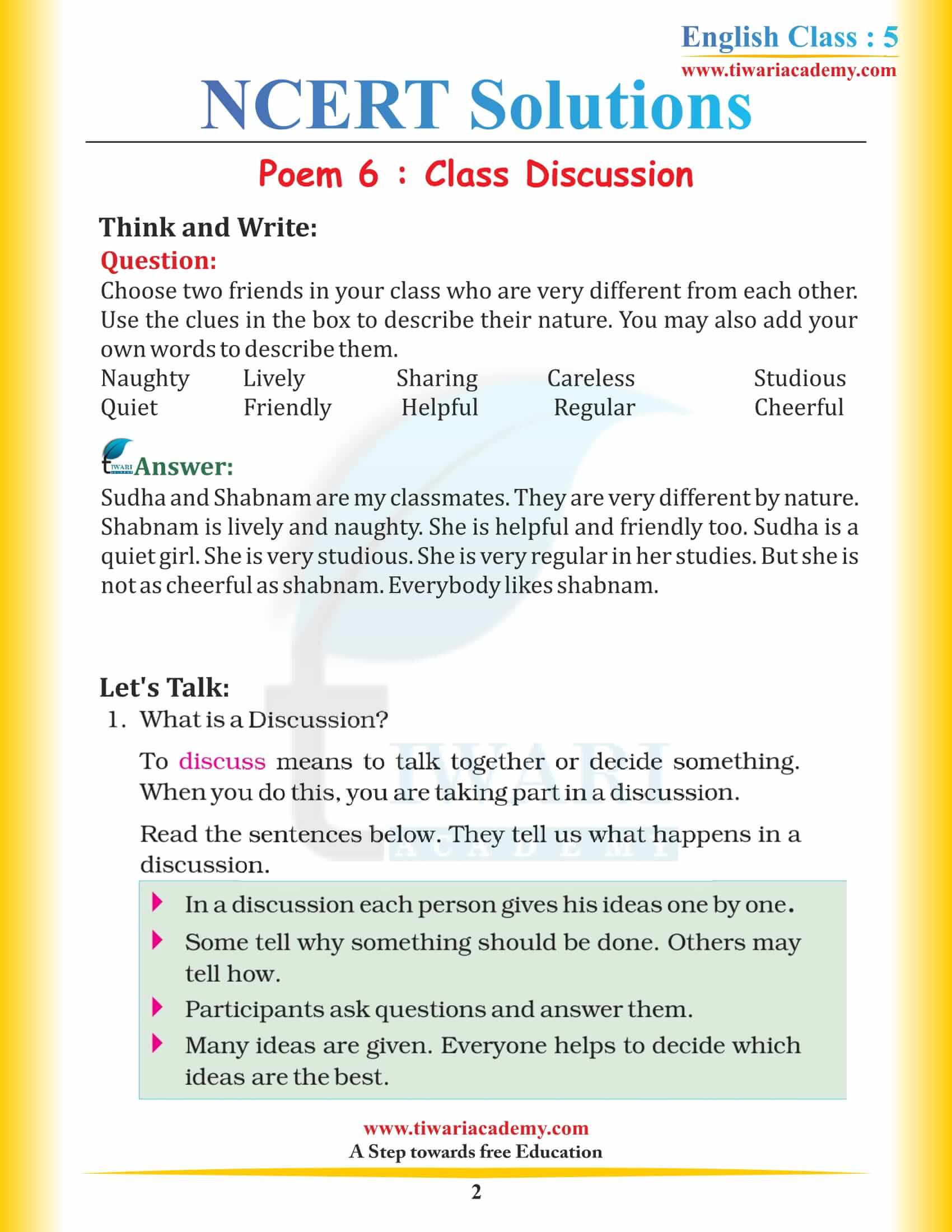 NCERT Solutions for Class 5 English Chapter 6 Class Discussion in Hindi Medium