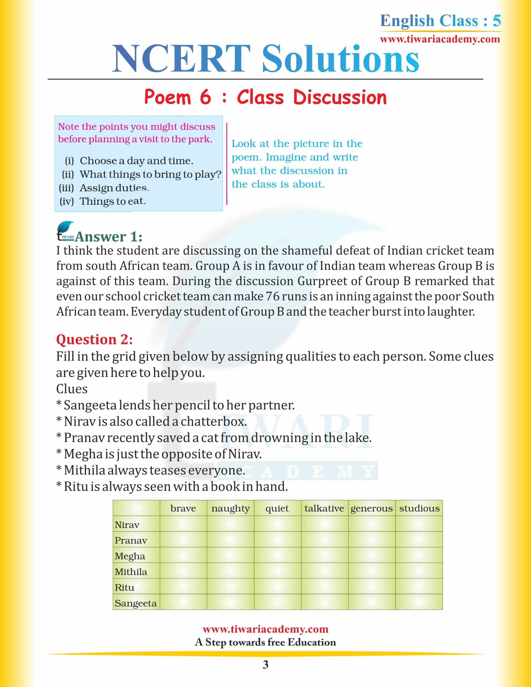 NCERT Solutions for Class 5 English Chapter 6 Class Discussion in Hindi Medium