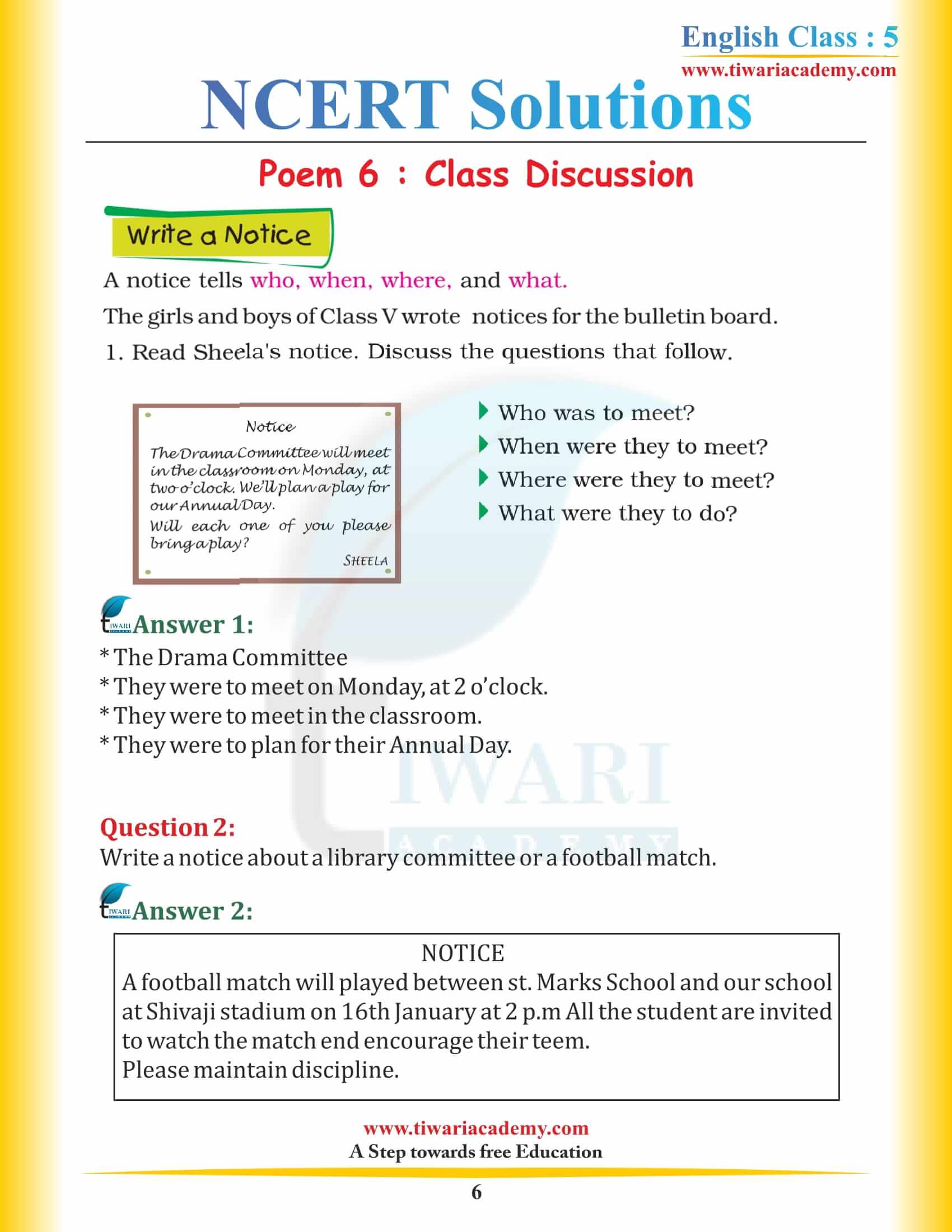 NCERT Solutions for Class 5 English Chapter 6 Class Discussion free sols