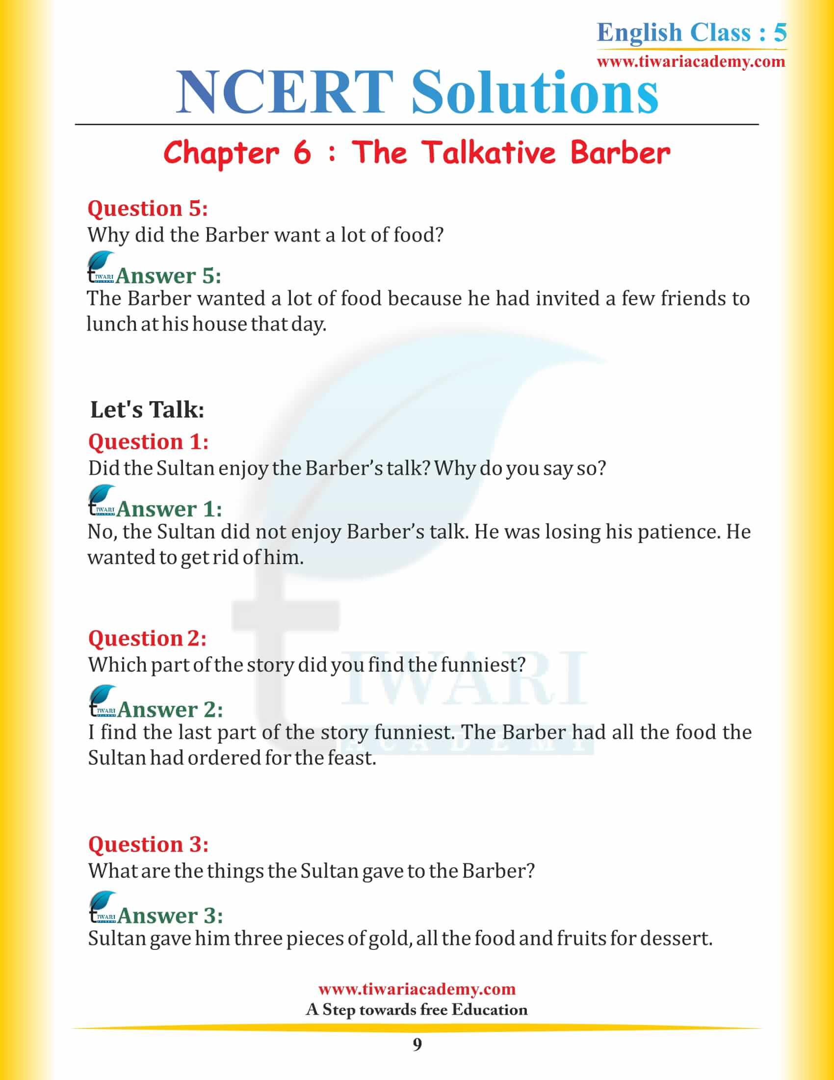 NCERT Solutions for Class 5 English Chapter 6 The Talkative Barber in Hindi Medium