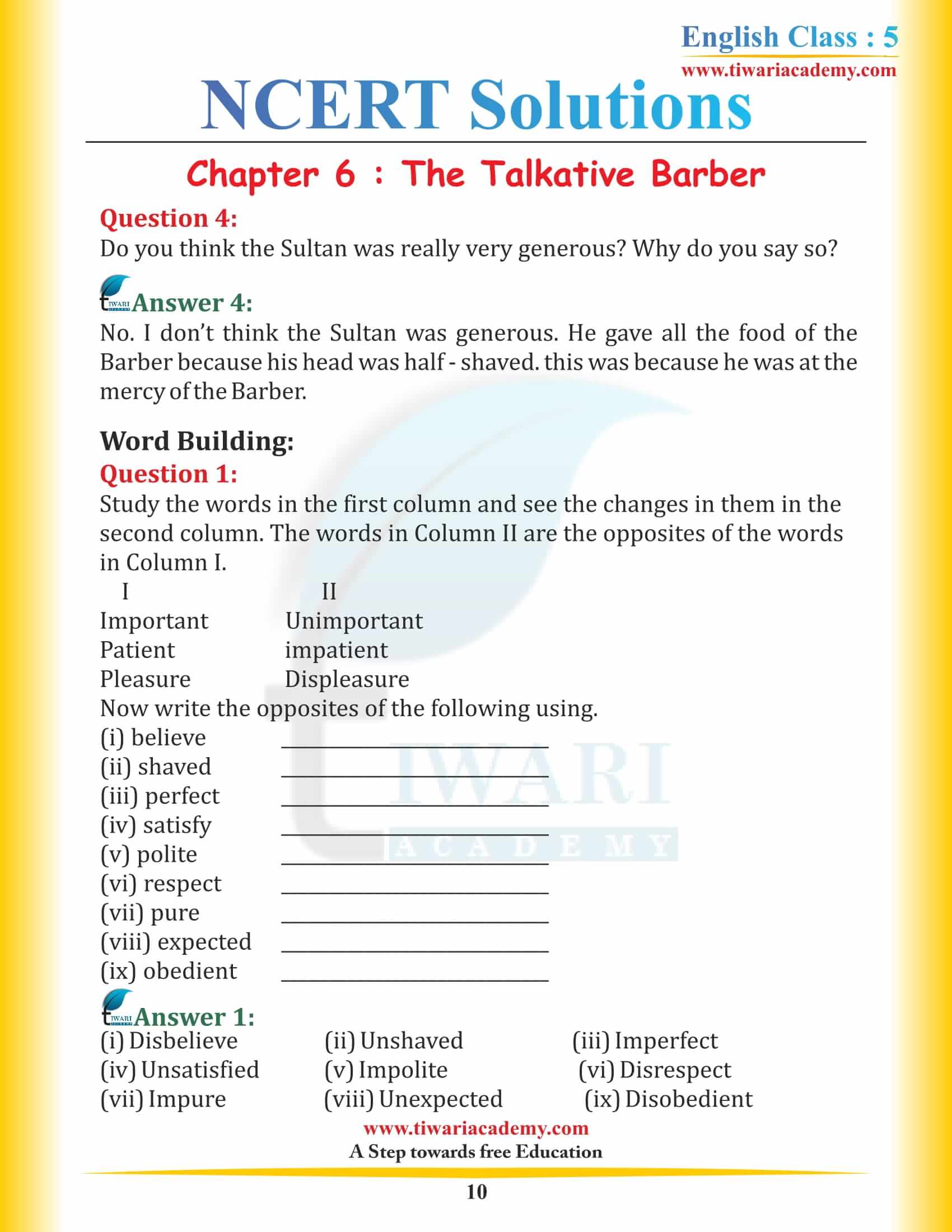 NCERT Solutions for Class 5 English Chapter 6 The Talkative Barber free pdf
