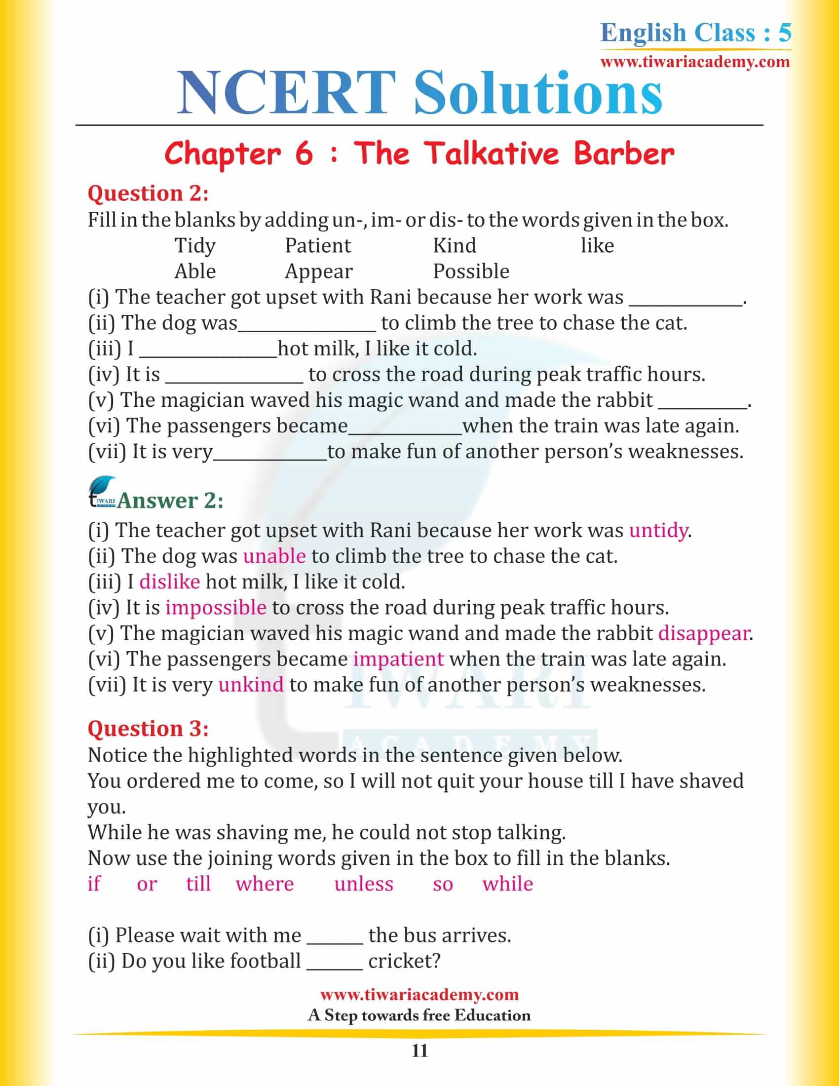 NCERT Solutions for Class 5 English Chapter 6 The Talkative Barber download