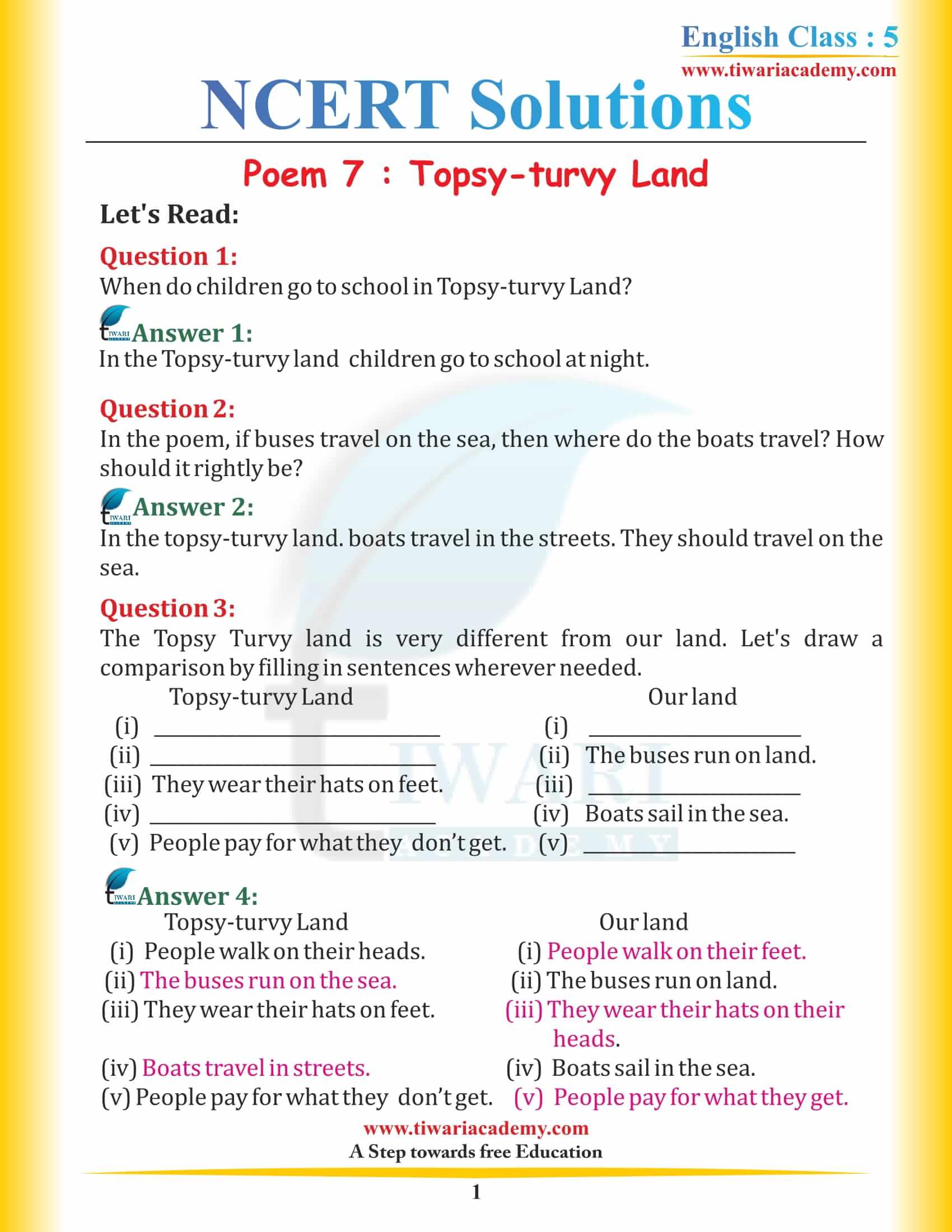 NCERT Solutions for Class 5 English Chapter 7 Topsy-turvy Land
