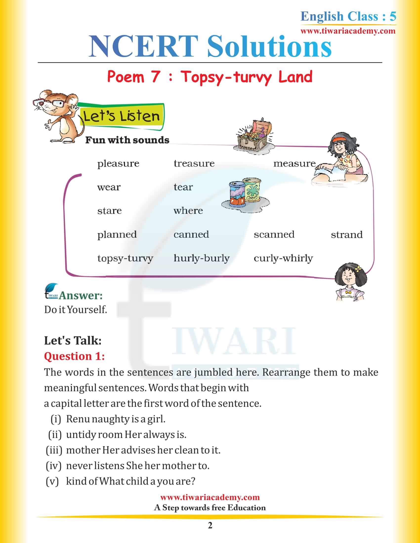 NCERT Solutions for Class 5 English Chapter 7 Topsy-turvy Land in Hindi Medium