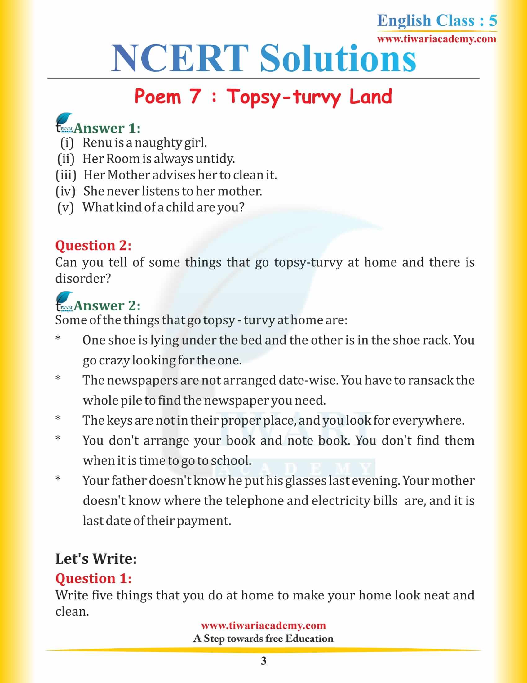 NCERT Solutions for Class 5 English Chapter 7 Topsy-turvy Land all Question Answers