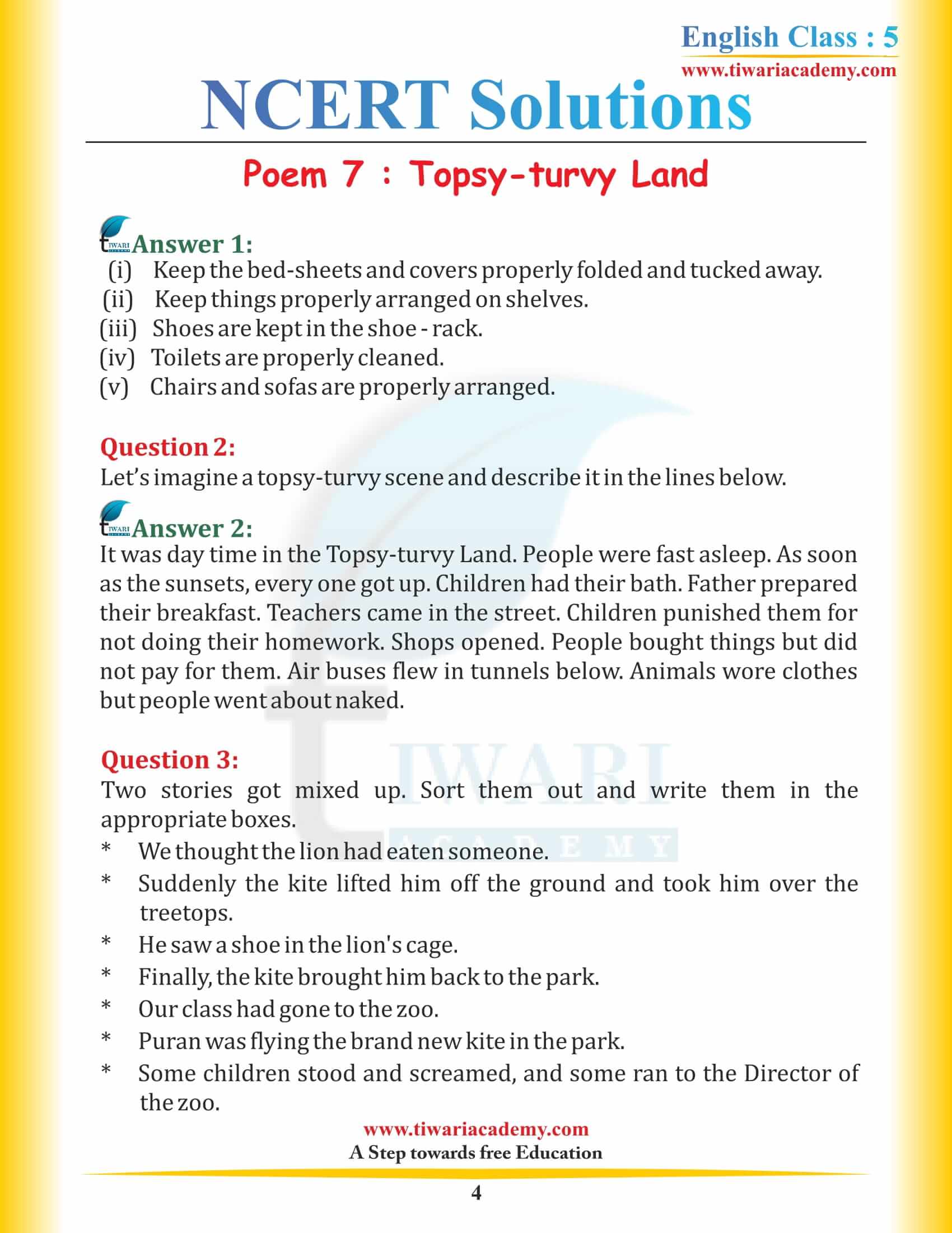 NCERT Solutions for Class 5 English Chapter 7 Topsy-turvy Land in PDF