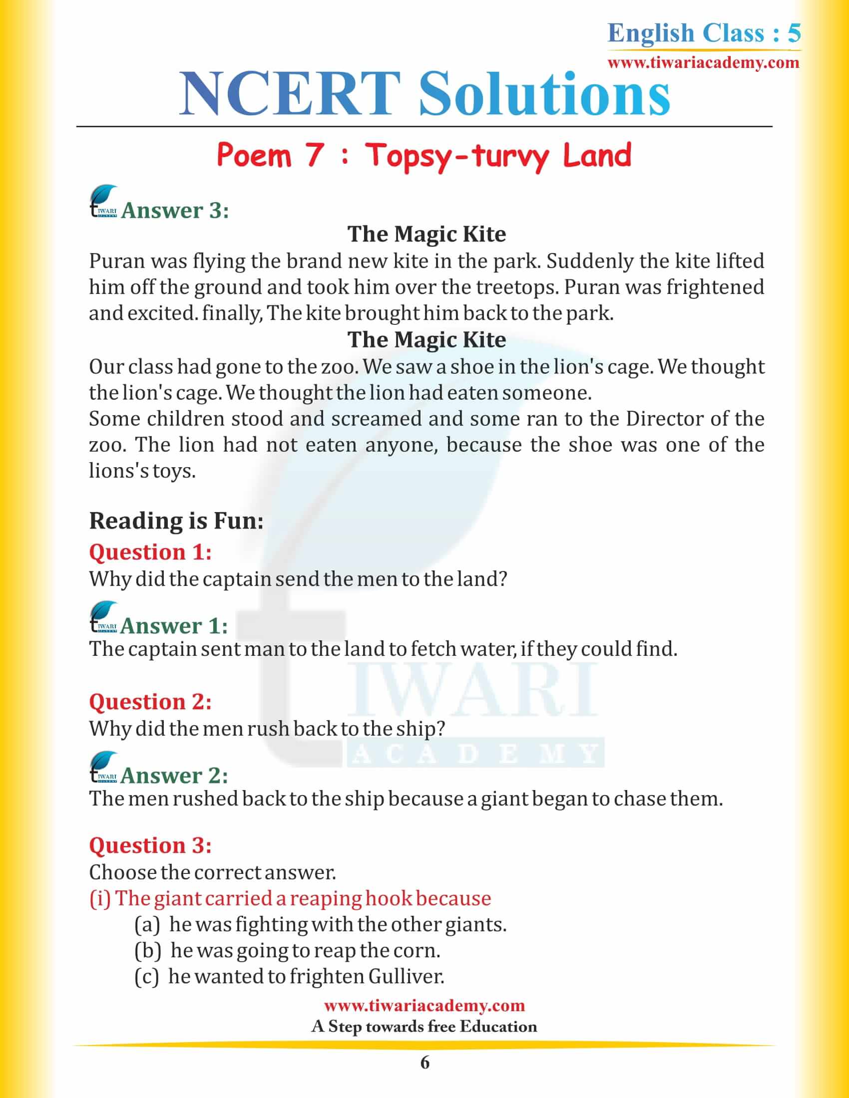 NCERT Solutions for Class 5 English Chapter 7 Topsy-turvy Land in Hindi