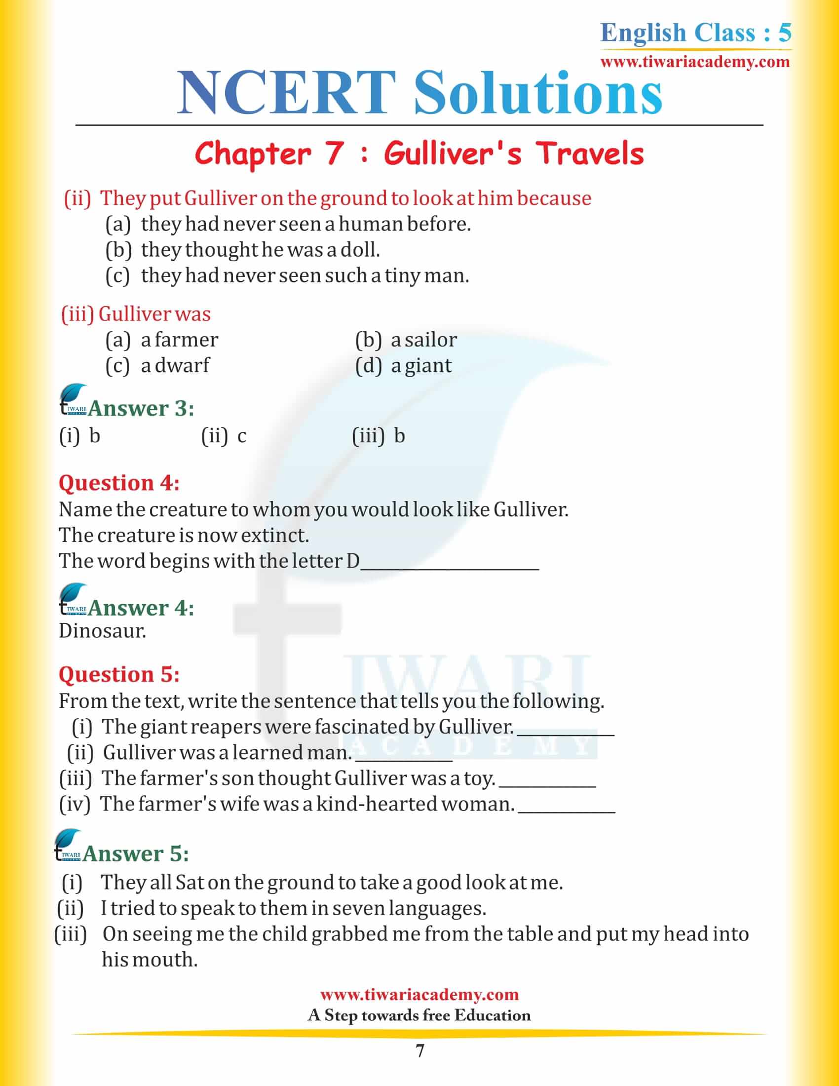 NCERT Solutions for Class 5 English Chapter 7 Gulliver’s Travels