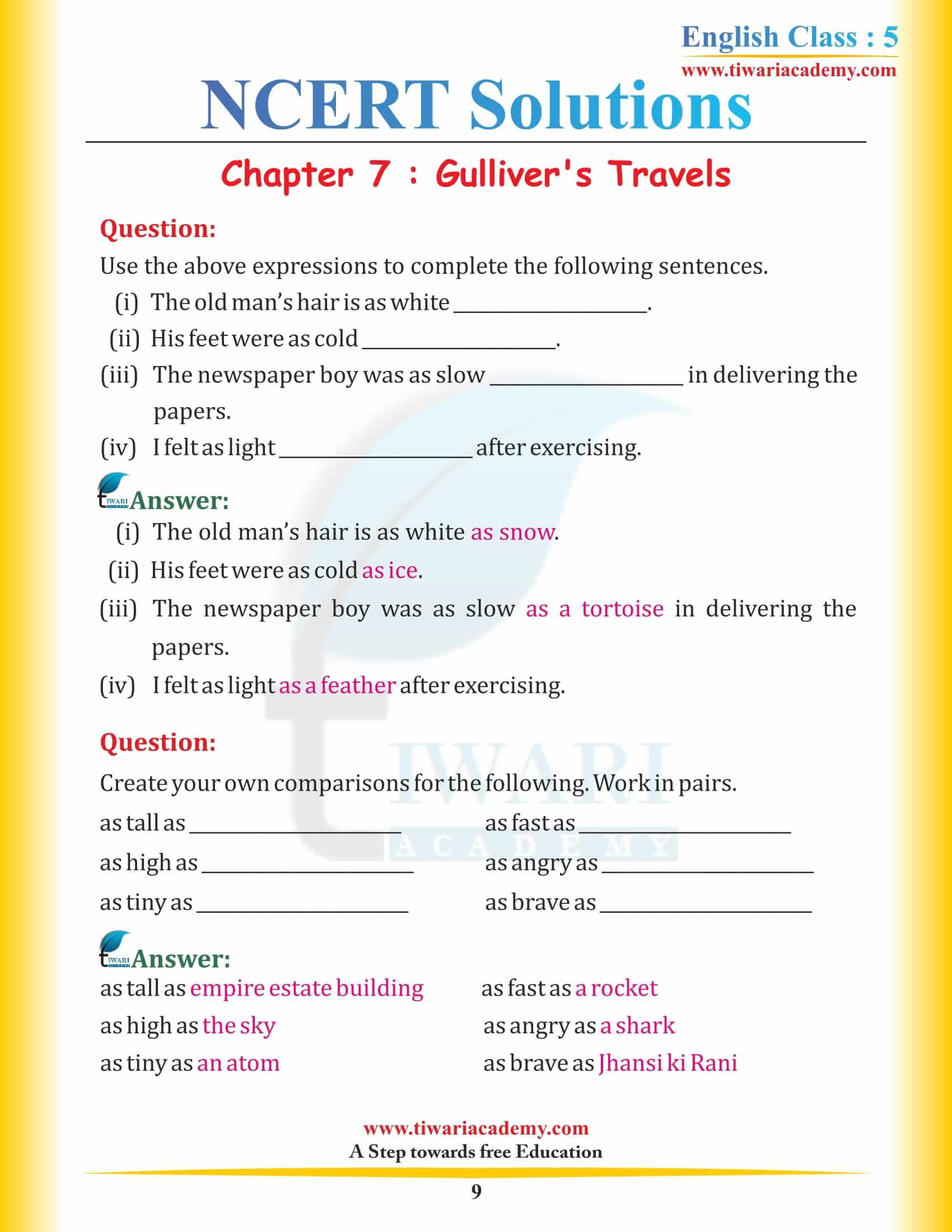 NCERT Solutions for Class 5 English Chapter 7 Gulliver’s Travels Hindi Medium