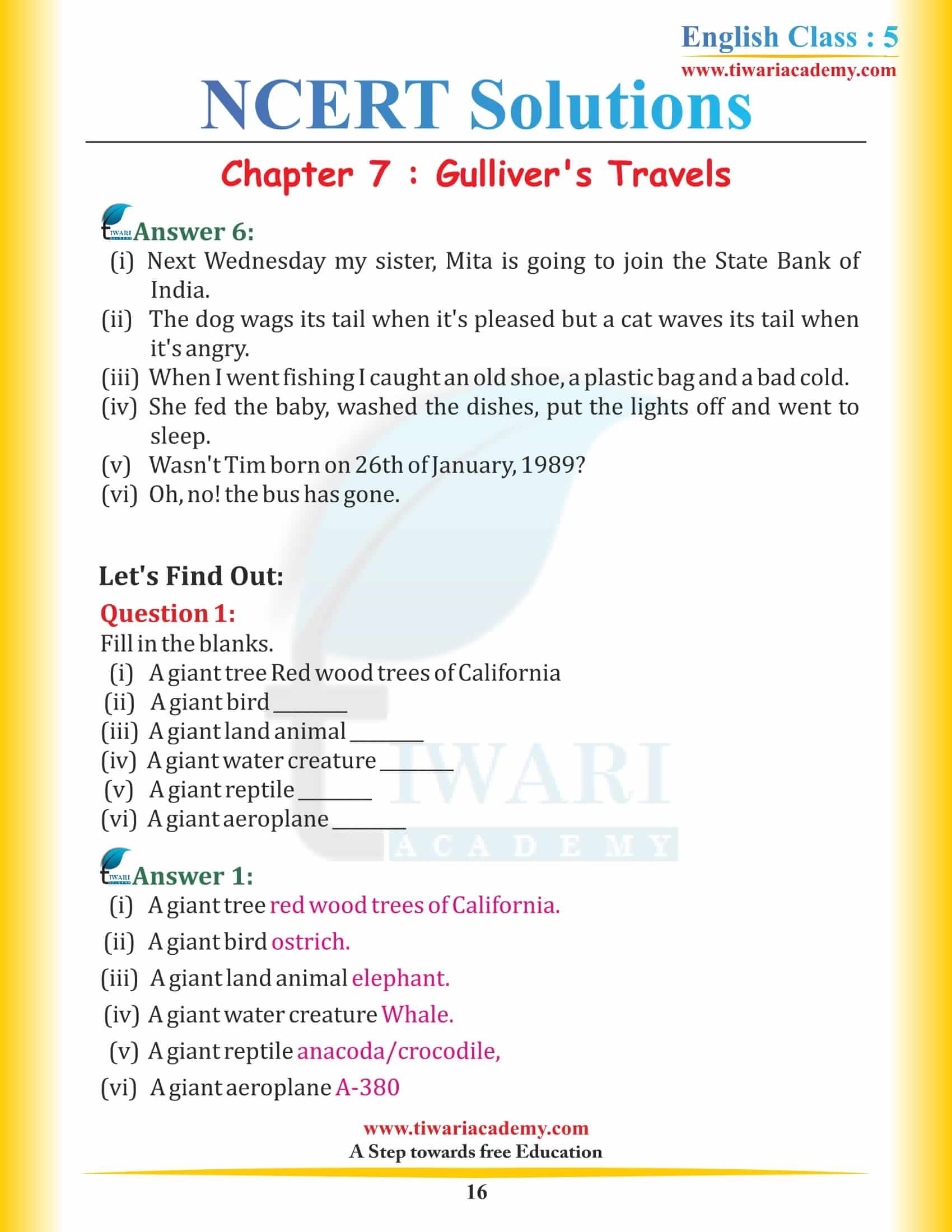 NCERT Solutions for Class 5 English Chapter 7 in PDF free