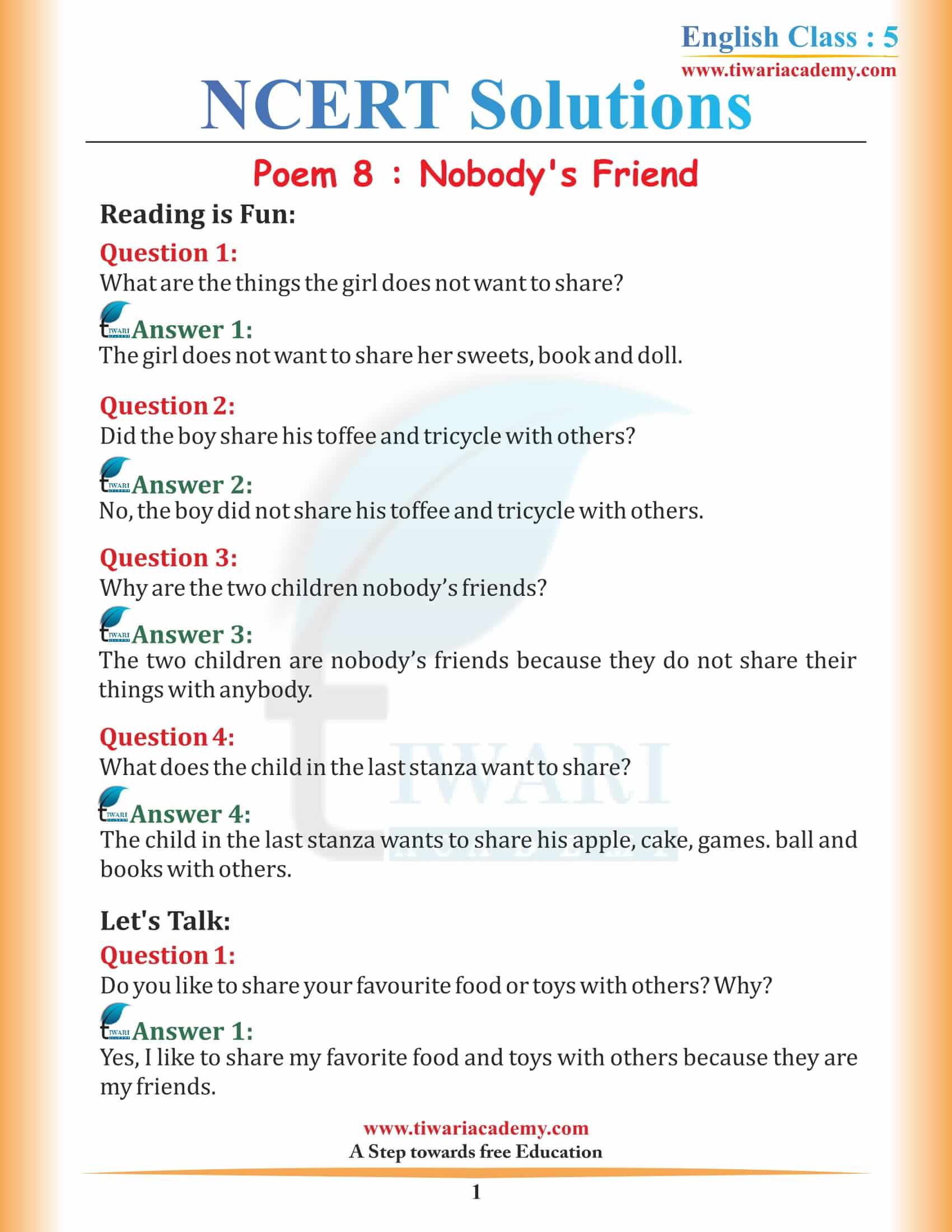 NCERT Solutions for Class 5 English Chapter 8 Nobody’s Friend