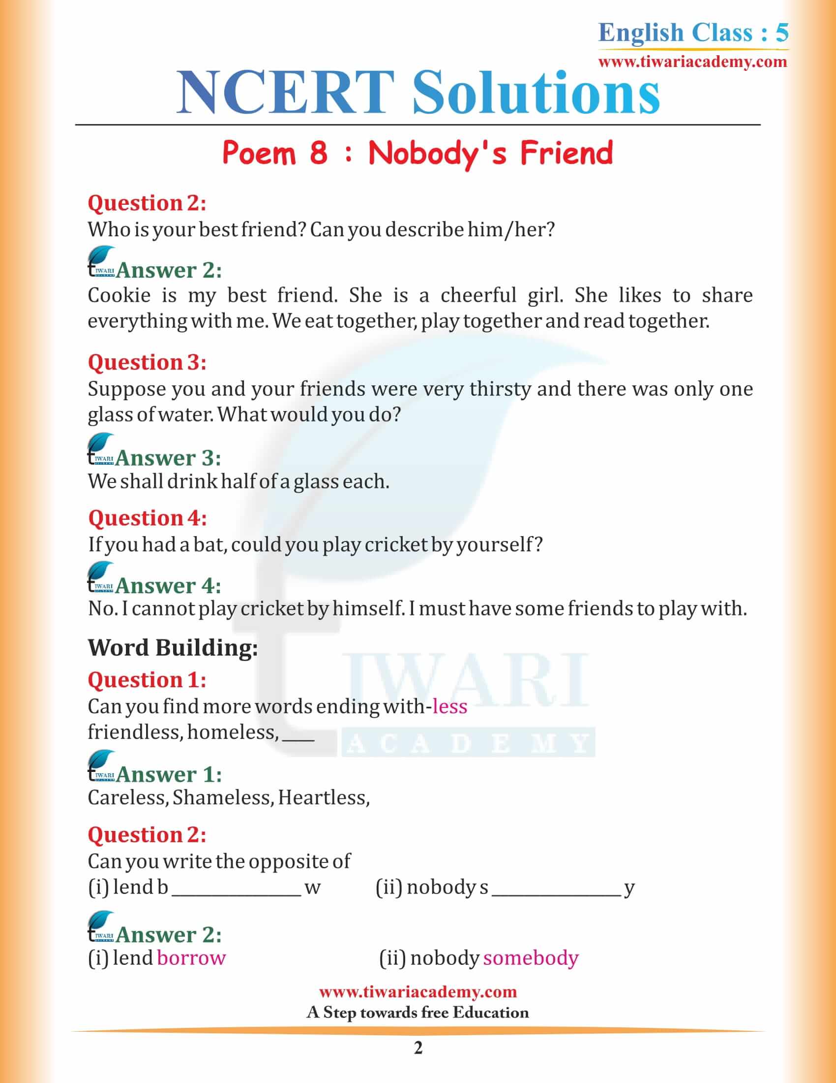 NCERT Solutions for Class 5 English Chapter 8 Nobody’s Friend in Hindi Medium